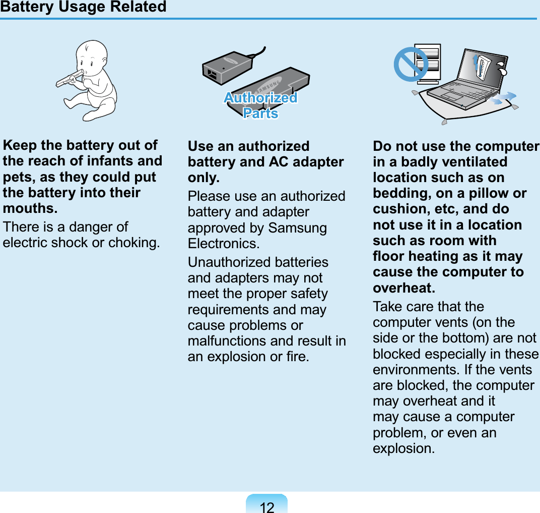 12Keep the battery out of the reach of infants and pets, as they could put the battery into their mouths.There is a danger of electric shock or choking.Authorized  PartsUse an authorized battery and AC adapter only.Please use an authorized battery and adapter approved by Samsung Electronics.Unauthorized batteries and adapters may not meet the proper safety requirements and may cause problems or malfunctions and result in an explosion or ﬁre.Do not use the computer in a badly ventilated location such as on bedding, on a pillow or cushion, etc, and do not use it in a location such as room with ﬂoor heating as it may cause the computer to overheat.Take care that the computer vents (on the side or the bottom) are not blocked especially in these environments. If the vents are blocked, the computer may overheat and it may cause a computer problem, or even an explosion.Battery Usage Related