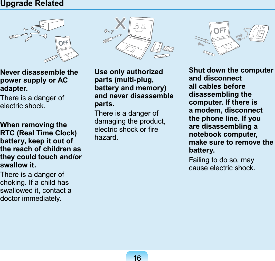 16Upgrade RelatedNever disassemble the power supply or AC adapter.There is a danger of electric shock.When removing the RTC (Real Time Clock) battery, keep it out of the reach of children as they could touch and/or swallow it.There is a danger of choking. If a child has swallowed it, contact a doctor immediately.Use only authorized parts (multi-plug, battery and memory) and never disassemble parts.There is a danger of damaging the product, electric shock or ﬁre hazard.Shut down the computer and disconnect all cables before disassembling the computer. If there is a modem, disconnect the phone line. If you are disassembling a notebook computer, make sure to remove the battery.Failing to do so, may cause electric shock.