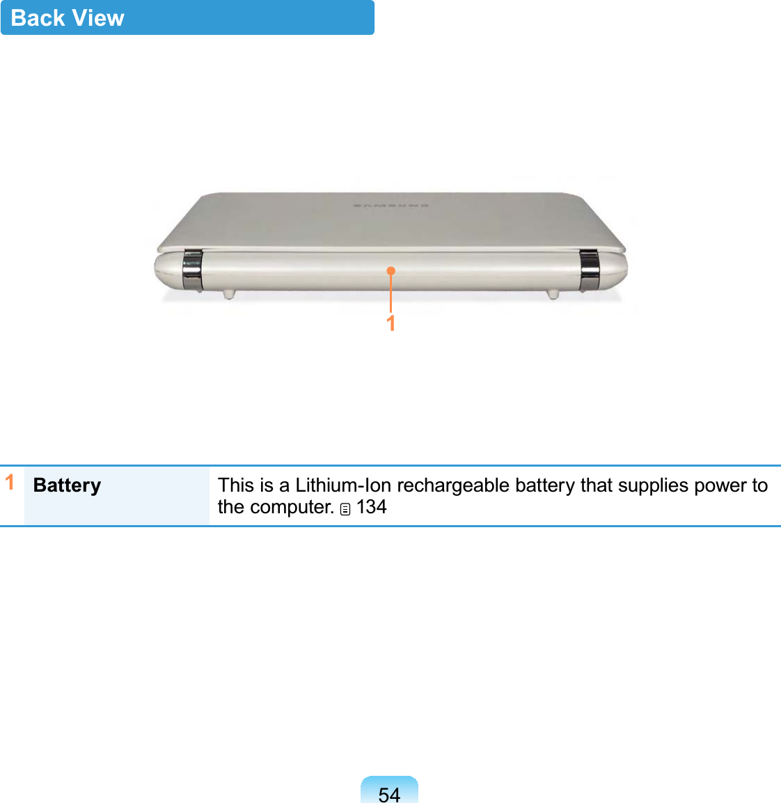 54Back View1Battery This is a Lithium-Ion rechargeable battery that supplies power to the computer.   1341