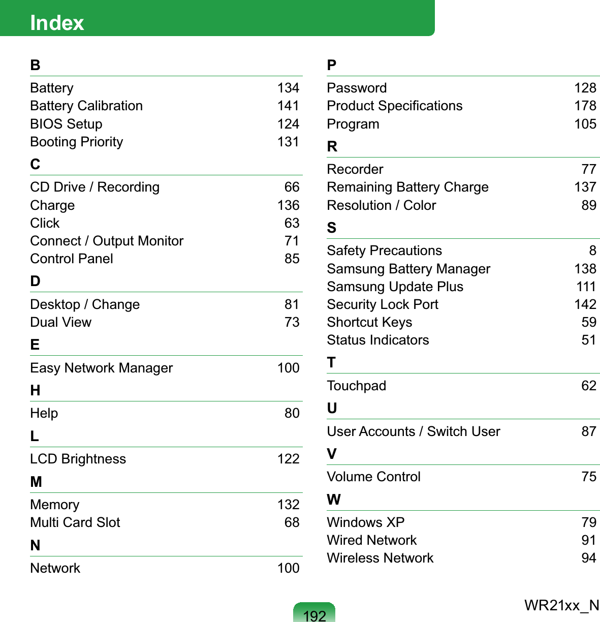 192IndexWR21xx_NBBattery   134Battery Calibration    141BIOS Setup    124Booting Priority    131CCD Drive / Recording    66Charge   136Click   63Connect / Output Monitor    71Control Panel    85DDesktop / Change    81Dual View    73EEasy Network Manager    100HHelp   80LLCD Brightness    122MMemory   132Multi Card Slot    68NNetwork   100PPassword    128Product Speciﬁcations    178Program    105RRecorder   77Remaining Battery Charge    137Resolution / Color    89SSafety Precautions    8Samsung Battery Manager    138Samsung Update Plus    111Security Lock Port    142Shortcut Keys    59Status Indicators    51TTouchpad   62UUser Accounts / Switch User    87VVolume Control    75WWindows XP    79Wired Network    91Wireless Network    94