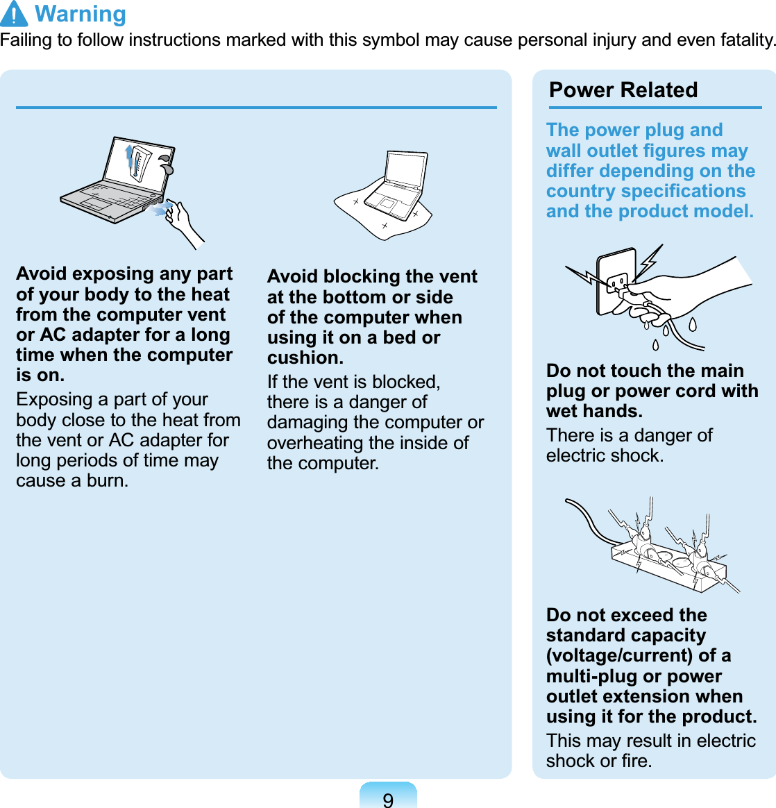 9 Warning)DLOLQJWRIROORZLQVWUXFWLRQVPDUNHGZLWKWKLVV\PEROPD\FDXVHSHUVRQDOLQMXU\DQGHYHQIDWDOLW\Avoid exposing any part of your body to the heat from the computer vent or AC adapter for a long time when the computer is on.Exposingapartofyourbody close to the heat fromtheventorACadapterforlongperiodsoftimemaycauseaburn.Avoid blocking the vent at the bottom or side of the computer when using it on a bed or cushion.,IWKHYHQWLVEORFNHGthereisadangerofdamaging the computer oroverheating the inside ofthe computer.The power plug and ZDOORXWOHW¿JXUHVPD\differ depending on the FRXQWU\VSHFL¿FDWLRQVand the product model.Do not touch the main plug or power cord with wet hands.ThereisadangerofHOHFWULFVKRFNDo not exceed the standard capacity (voltage/current) of a multi-plug or power outlet extension when using it for the product.This may result in electricVKRFNRU¿UHPower Related