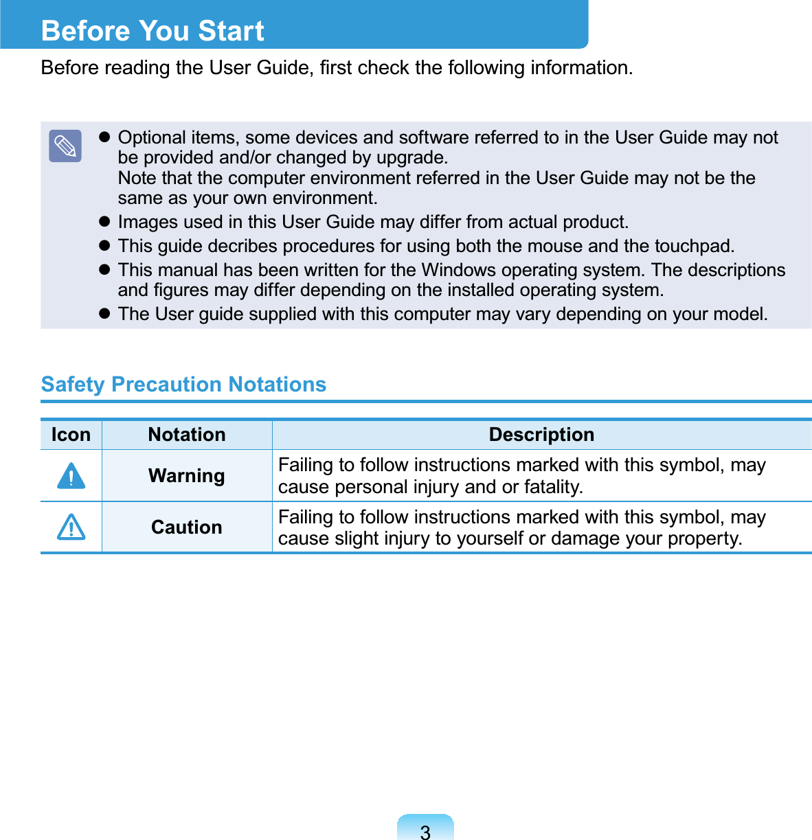 3Before You Start%HIRUHUHDGLQJWKH8VHU*XLGH¿UVWFKHFNWKHIROORZLQJLQIRUPDWLRQz Optional items, some devices and software referred to in the User Guide may notbe provided and/or changed by upgrade.Note that the computer environment referred in the User Guide may not be thesame as your own environment.z Images used in this User Guide may differ from actual product.z This guide decribes procedures for using both the mouse and the touchpad.z This manual has been written for the Windows operating system. The descriptionsDQG¿JXUHVPD\GLIIHUGHSHQGLQJRQWKHLQVWDOOHGRSHUDWLQJV\VWHPz TheUserguidesuppliedwiththiscomputermayvarydependingonyourmodel.Safety Precaution NotationsIcon Notation DescriptionWarning )DLOLQJWRIROORZLQVWUXFWLRQVPDUNHGZLWKWKLVV\PEROPD\causepersonalinjuryandorfatality.Caution )DLOLQJWRIROORZLQVWUXFWLRQVPDUNHGZLWKWKLVV\PEROPD\causeslightinjurytoyourselfordamageyourproperty.
