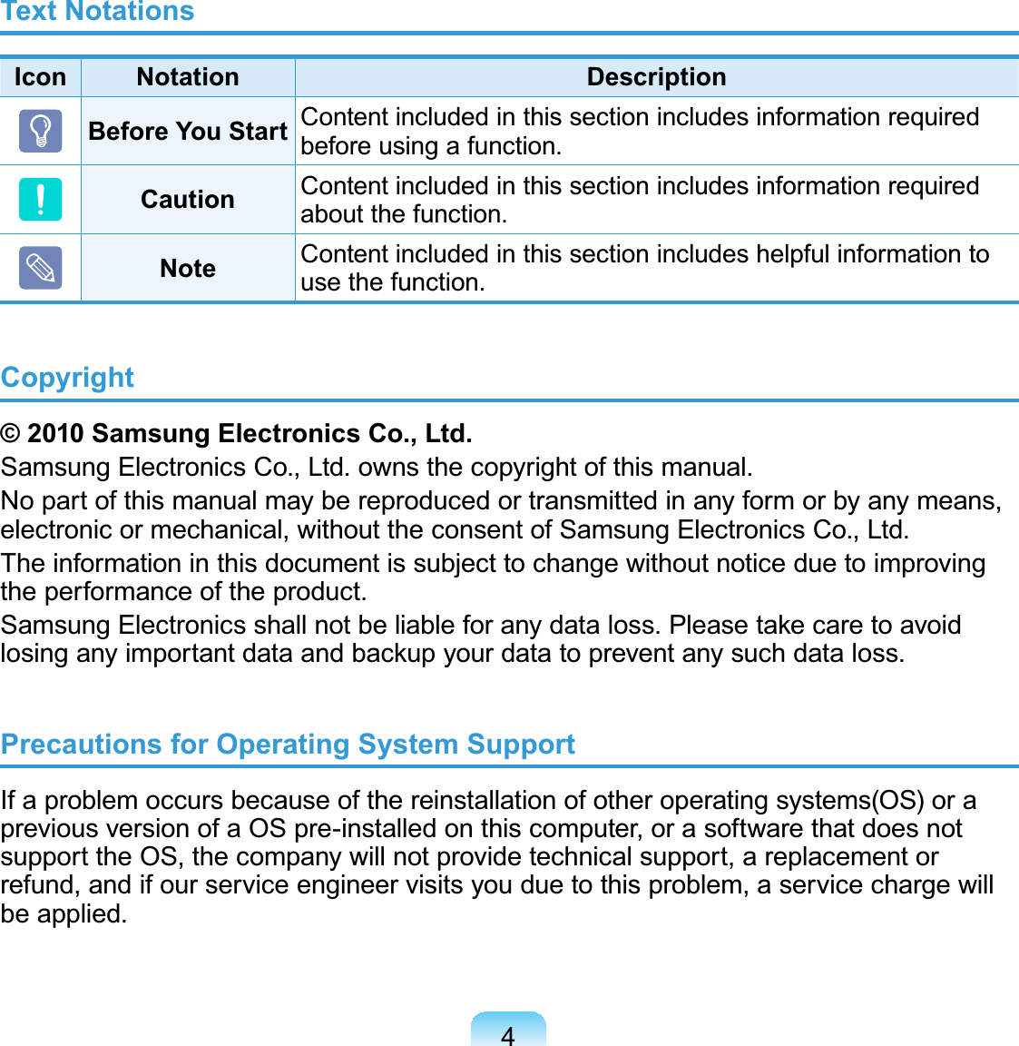 4Text NotationsIcon Notation DescriptionBefore You Start Contentincludedinthissectionincludesinformationrequiredbefore using a function.Caution Contentincludedinthissectionincludesinformationrequiredabout the function.Note Contentincludedinthissectionincludeshelpfulinformationtouse the function.Copyright© 2010 Samsung Electronics Co., Ltd.SamsungElectronicsCo.,Ltd.ownsthecopyrightofthismanual.Nopartofthismanualmaybereproducedortransmittedinanyformorbyanymeans,electronic or mechanical, without the consent of Samsung Electronics Co., Ltd.The information in this document is subject to change without notice due to improvingthe performance of the product.6DPVXQJ(OHFWURQLFVVKDOOQRWEHOLDEOHIRUDQ\GDWDORVV3OHDVHWDNHFDUHWRDYRLGORVLQJDQ\LPSRUWDQWGDWDDQGEDFNXS\RXUGDWDWRSUHYHQWDQ\VXFKGDWDORVVPrecautions for Operating System SupportIf a problem occurs because of the reinstallation of other operating systems(OS) or apreviousversionofaOSpre-installedonthiscomputer,orasoftwarethatdoesnotsupporttheOS,thecompanywillnotprovidetechnicalsupport,areplacementorrefund, and if our service engineer visits you due to this problem, a service charge willbe applied.