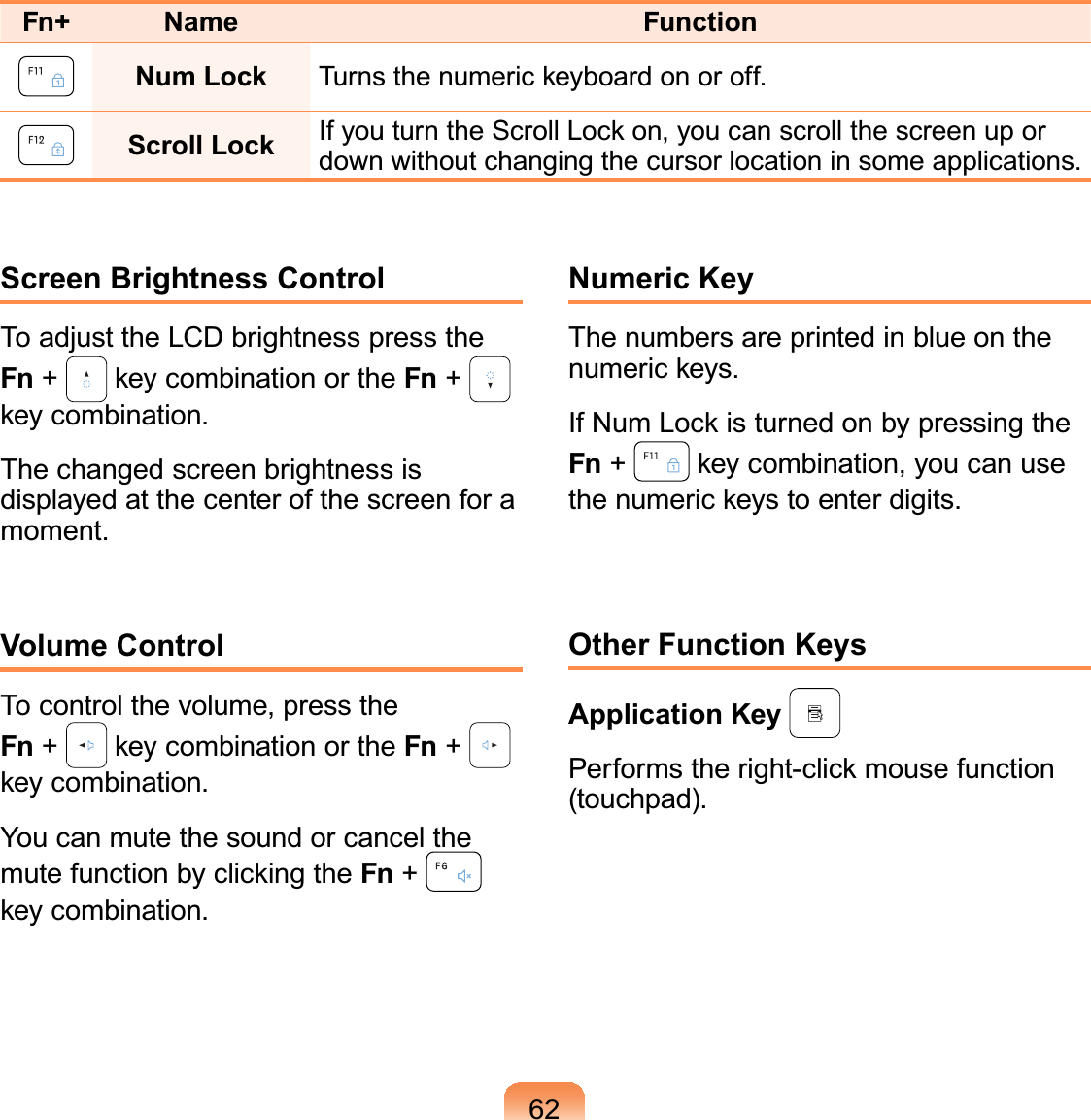 62Screen Brightness ControlTo adjust the LCD brightness press theFn +NH\FRPELQDWLRQRUWKHFn +NH\FRPELQDWLRQThechangedscreenbrightnessisdisplayedatthecenterofthescreenforamoment.Volume ControlTo control the volume, press theFn +NH\FRPELQDWLRQRUWKHFn +NH\FRPELQDWLRQYoucanmutethesoundorcancelthePXWHIXQFWLRQE\FOLFNLQJWKHFn +NH\FRPELQDWLRQNumeric KeyThe numbers are printed in blue on theQXPHULFNH\V,I1XP/RFNLVWXUQHGRQE\SUHVVLQJWKHFn +NH\FRPELQDWLRQ\RXFDQXVHWKHQXPHULFNH\VWRHQWHUGLJLWVOther Function KeysApplication Key 3HUIRUPVWKHULJKWFOLFNPRXVHIXQFWLRQ(touchpad).Fn+ Name FunctionNum Lock 7XUQVWKHQXPHULFNH\ERDUGRQRURIIScroll Lock ,I\RXWXUQWKH6FUROO/RFNRQ\RXFDQVFUROOWKHVFUHHQXSRUdown without changing the cursor location in some applications.