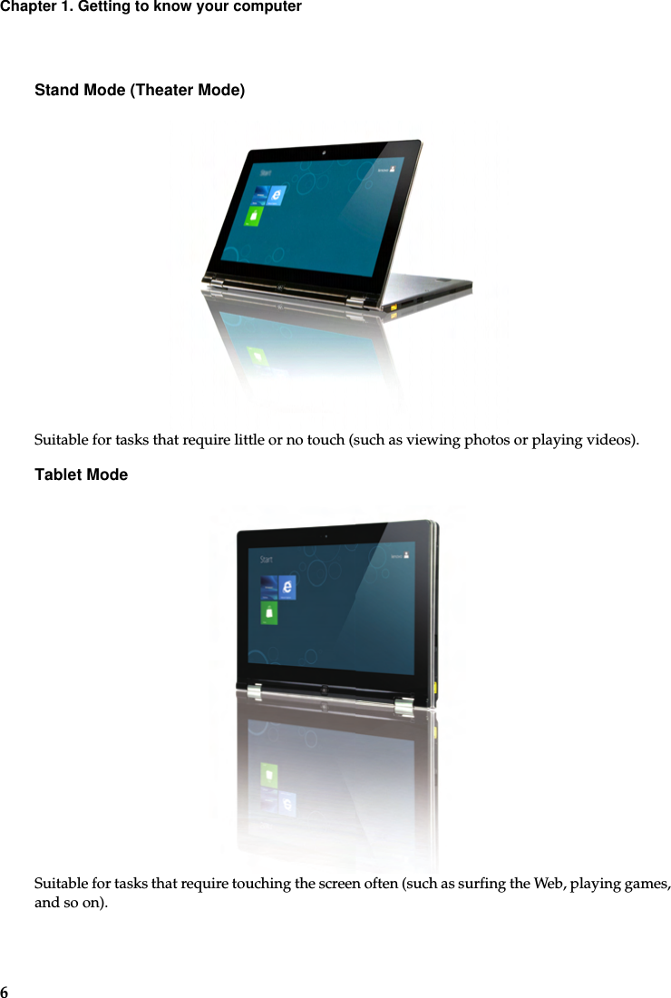 6Chapter 1. Getting to know your computerStand Mode (Theater Mode)Suitable for tasks that require little or no touch (such as viewing photos or playing videos).Tablet ModeSuitable for tasks that require touching the screen often (such as surfing the Web, playing games, and so on).