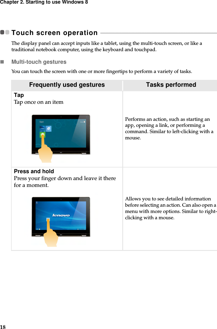 18Chapter 2. Starting to use Windows 8Touch screen operation  - - - - - - - - - - - - - - - - - - - - - - - - - - - - - - - - - - - - - - - - - - - - - - - - - - - - - - - - - - - - - - - - - - - - - - - - - - - - - - - - - - - The display panel can accept inputs like a tablet, using the multi-touch screen, or like a traditional notebook computer, using the keyboard and touchpad.Multi-touch gesturesYou can touch the screen with one or more fingertips to perform a variety of tasks.Frequently used gestures Tasks performedTapTap once on an itemPerforms an action, such as starting an app, opening a link, or performing a command. Similar to left-clicking with a mouse.Press and holdPress your finger down and leave it there for a moment.Allows you to see detailed information before selecting an action. Can also open a menu with more options. Similar to right-clicking with a mouse.