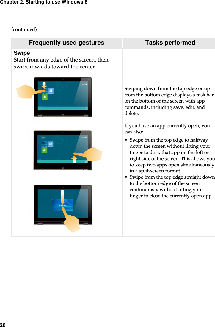 20Chapter 2. Starting to use Windows 8(continued)Frequently used gestures Tasks performedSwipeStart from any edge of the screen, then swipe inwards toward the center. Swiping down from the top edge or up from the bottom edge displays a task bar on the bottom of the screen with app commands, including save, edit, and delete.If you have an app currently open, you can also:• Swipe from the top edge to halfway down the screen without lifting your finger to dock that app on the left or right side of the screen. This allows you to keep two apps open simultaneously in a split-screen format.• Swipe from the top edge straight down to the bottom edge of the screen continuously without lifting your finger to close the currently open app.