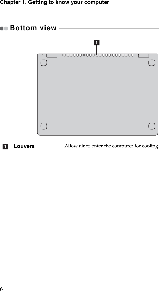 6Chapter 1. Getting to know your computerBottom view  - - - - - - - - - - - - - - - - - - - - - - - - - - - - - - - - - - - - - - - - - - - - - - - - - - - - - - - - - - - - - - - - - - - - - - - - - - - - - - - - - - - - - - - - - - Louvers Allow air to enter the computer for cooling.aa