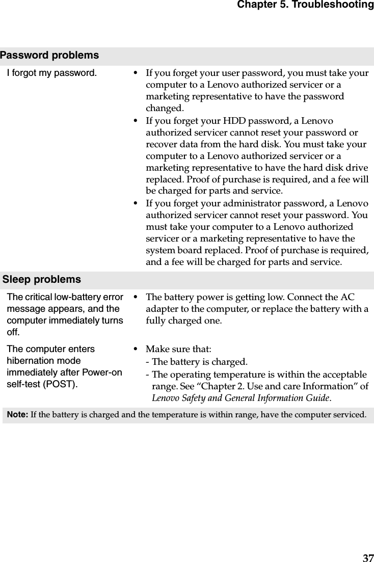 Chapter 5. Troubleshooting37Password problemsI forgot my password. •If you forget your user password, you must take your computer to a Lenovo authorized servicer or a marketing representative to have the password changed. •If you forget your HDD password, a Lenovo authorized servicer cannot reset your password or recover data from the hard disk. You must take your computer to a Lenovo authorized servicer or a marketing representative to have the hard disk drive replaced. Proof of purchase is required, and a fee will be charged for parts and service. •If you forget your administrator password, a Lenovo authorized servicer cannot reset your password. You must take your computer to a Lenovo authorized servicer or a marketing representative to have the system board replaced. Proof of purchase is required, and a fee will be charged for parts and service. Sleep problemsThe critical low-battery error message appears, and the computer immediately turns off.•The battery power is getting low. Connect the AC adapter to the computer, or replace the battery with a fully charged one.The computer enters hibernation mode immediately after Power-on self-test (POST). •Make sure that: - The battery is charged.- The operating temperature is within the acceptable range. See “Chapter 2. Use and care Information” of Lenovo Safety and General Information Guide.Note: If the battery is charged and the temperature is within range, have the computer serviced.