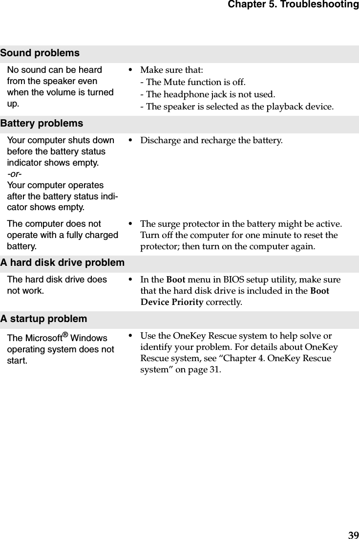 Chapter 5. Troubleshooting39Sound problemsNo sound can be heard from the speaker even when the volume is turned up.•Make sure that:- The Mute function is off.- The headphone jack is not used.- The speaker is selected as the playback device. Battery problemsYour computer shuts down before the battery status indicator shows empty.-or-Your computer operates after the battery status indi-cator shows empty.•Discharge and recharge the battery.The computer does not operate with a fully charged battery.•The surge protector in the battery might be active. Turn off the computer for one minute to reset the protector; then turn on the computer again.A hard disk drive problemThe hard disk drive does not work.•In the Boot menu in BIOS setup utility, make sure that the hard disk drive is included in the Boot Device Priority correctly.A startup problemThe Microsoft® Windows operating system does not start.•Use the OneKey Rescue system to help solve or identify your problem. For details about OneKey Rescue system, see “Chapter 4. OneKey Rescue system” on page 31.