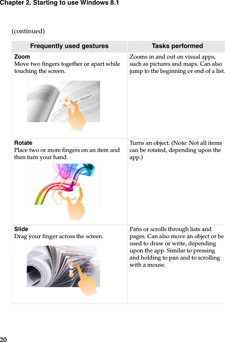 20Chapter 2. Starting to use Windows 8.1(continued)Frequently used gestures Tasks performedZoomMove two fingers together or apart while touching the screen.Zooms in and out on visual apps, such as pictures and maps. Can also jump to the beginning or end of a list.RotatePlace two or more fingers on an item and then turn your hand.Turns an object. (Note: Not all items can be rotated, depending upon the app.)SlideDrag your finger across the screen.Pans or scrolls through lists and pages. Can also move an object or be used to draw or write, depending upon the app. Similar to pressing and holding to pan and to scrolling with a mouse.