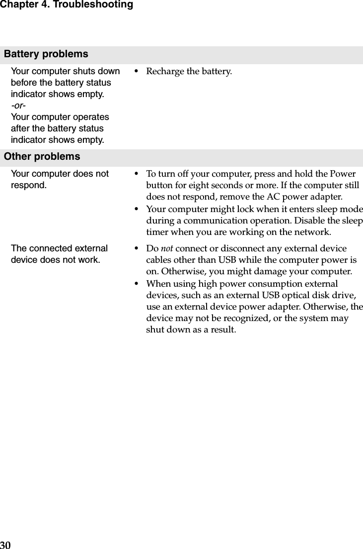 30Chapter 4. TroubleshootingBattery problemsYour computer shuts down before the battery status indicator shows empty.-or-Your computer operates after the battery status indicator shows empty.•Recharge the battery.Other problemsYour computer does not respond.•To turn off your computer, press and hold the Power button for eight seconds or more. If the computer still does not respond, remove the AC power adapter.•Your computer might lock when it enters sleep mode during a communication operation. Disable the sleep timer when you are working on the network.The connected external device does not work. •Do not connect or disconnect any external device cables other than USB while the computer power is on. Otherwise, you might damage your computer.•When using high power consumption external devices, such as an external USB optical disk drive, use an external device power adapter. Otherwise, the device may not be recognized, or the system may shut down as a result.