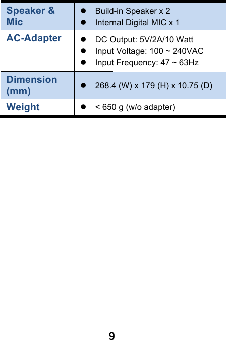                               9 Speaker &amp; Mic   ! Build-in Speaker x 2 ! Internal Digital MIC x 1 AC-Adapter    ! DC Output: 5V/2A/10 Watt ! Input Voltage: 100 ~ 240VAC ! Input Frequency: 47 ~ 63Hz Dimension (mm) ! 268.4 (W) x 179 (H) x 10.75 (D)   Weight ! &lt; 650 g (w/o adapter)         