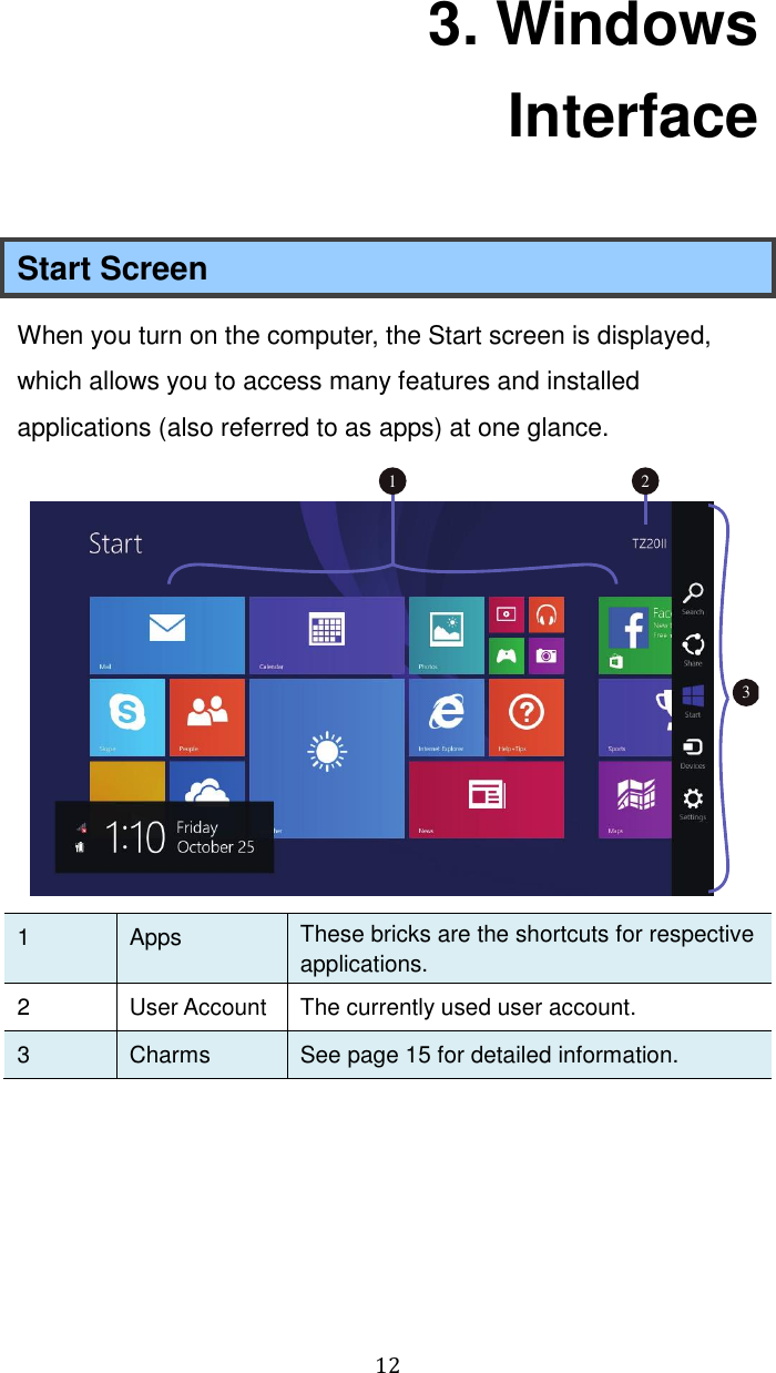  12 3. Windows Interface Start Screen When you turn on the computer, the Start screen is displayed, which allows you to access many features and installed applications (also referred to as apps) at one glance.    1 Apps These bricks are the shortcuts for respective applications. 2 User Account The currently used user account. 3 Charms   See page 15 for detailed information.     1 23