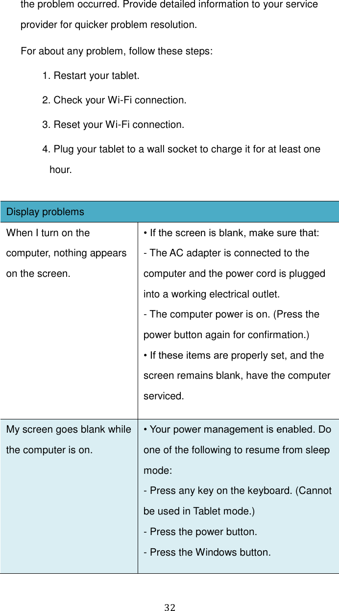  32 the problem occurred. Provide detailed information to your service provider for quicker problem resolution. For about any problem, follow these steps: 1. Restart your tablet. 2. Check your Wi-Fi connection. 3. Reset your Wi-Fi connection. 4. Plug your tablet to a wall socket to charge it for at least one hour.  Display problems When I turn on the computer, nothing appears on the screen. • If the screen is blank, make sure that: - The AC adapter is connected to the computer and the power cord is plugged into a working electrical outlet. - The computer power is on. (Press the power button again for confirmation.) • If these items are properly set, and the screen remains blank, have the computer serviced. My screen goes blank while the computer is on. • Your power management is enabled. Do one of the following to resume from sleep mode: - Press any key on the keyboard. (Cannot be used in Tablet mode.) - Press the power button. - Press the Windows button. 