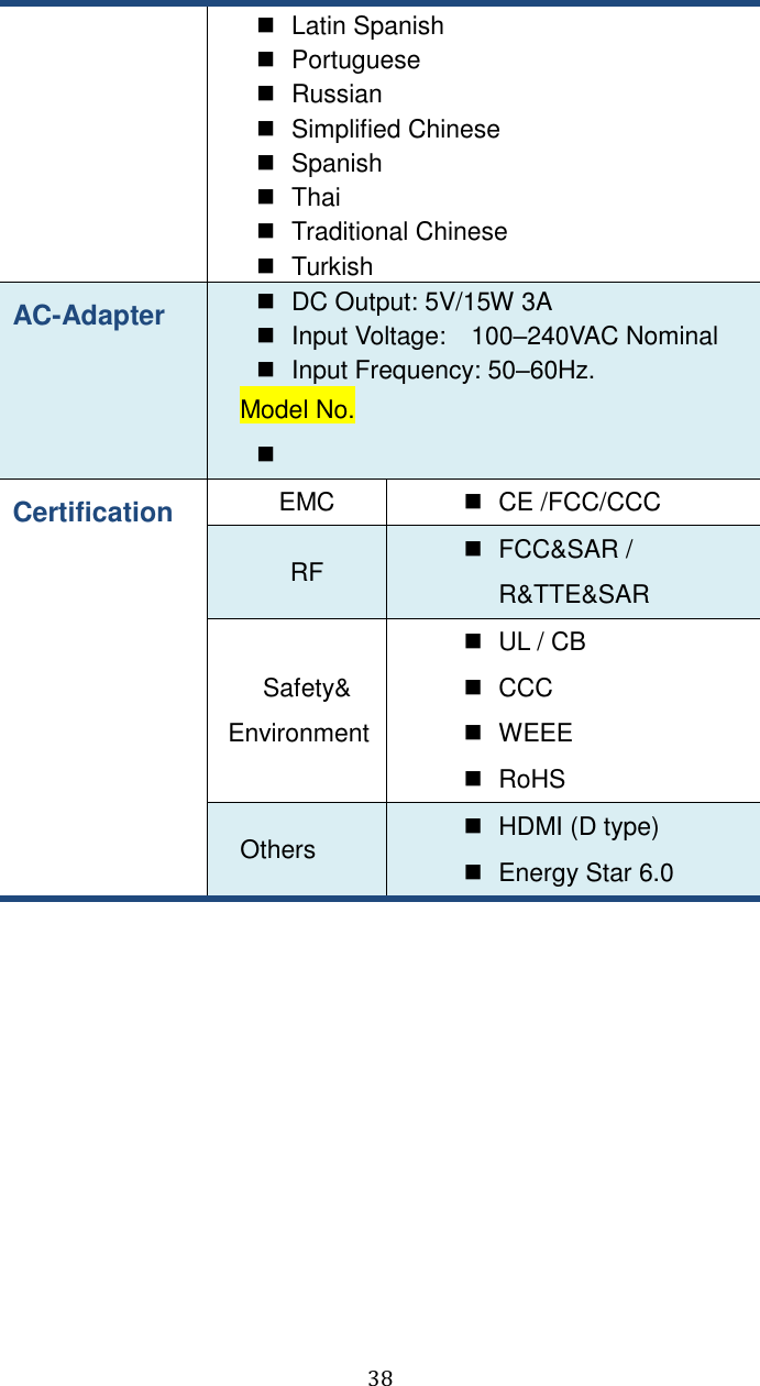  38   Latin Spanish   Portuguese   Russian   Simplified Chinese   Spanish   Thai   Traditional Chinese   Turkish AC-Adapter   DC Output: 5V/15W 3A   Input Voltage:    100–240VAC Nominal   Input Frequency: 50–60Hz. Model No.    Certification EMC   CE /FCC/CCC RF   FCC&amp;SAR / R&amp;TTE&amp;SAR   Safety&amp; Environment   UL / CB  CCC   WEEE   RoHS Others   HDMI (D type)   Energy Star 6.0  