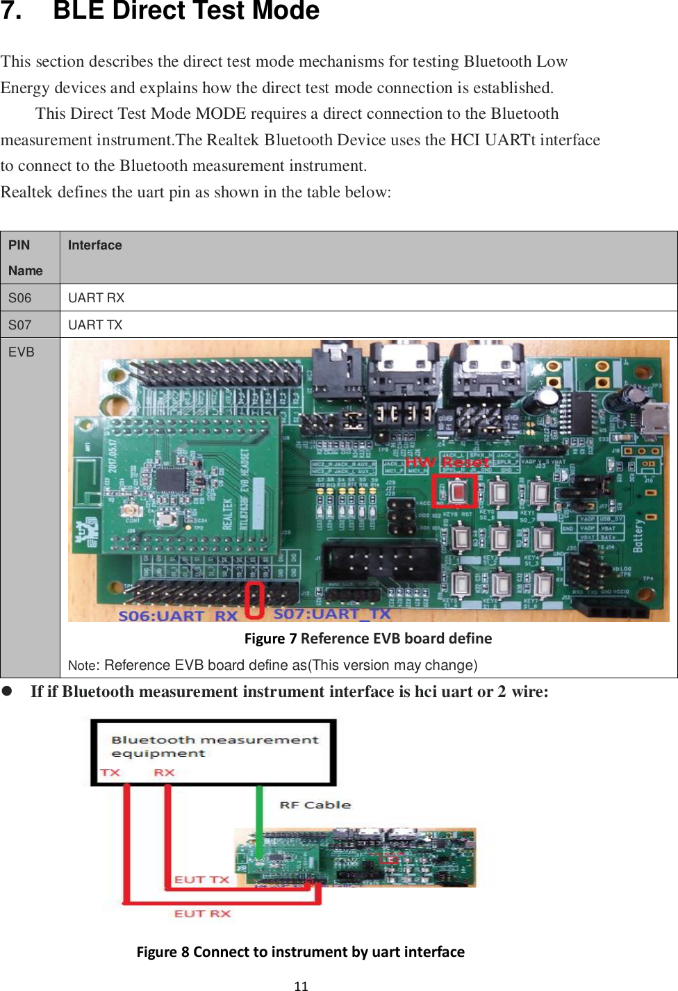 11  7.  BLE Direct Test Mode This section describes the direct test mode mechanisms for testing Bluetooth Low Energy devices and explains how the direct test mode connection is established. This Direct Test Mode MODE requires a direct connection to the Bluetooth measurement instrument.The Realtek Bluetooth Device uses the HCI UARTt interface to connect to the Bluetooth measurement instrument. Realtek defines the uart pin as shown in the table below:  PIN Name Interface S06 UART RX S07 UART TX EVB  Figure 7 Reference EVB board define Note: Reference EVB board define as(This version may change)  If if Bluetooth measurement instrument interface is hci uart or 2 wire:    Figure 8 Connect to instrument by uart interface 