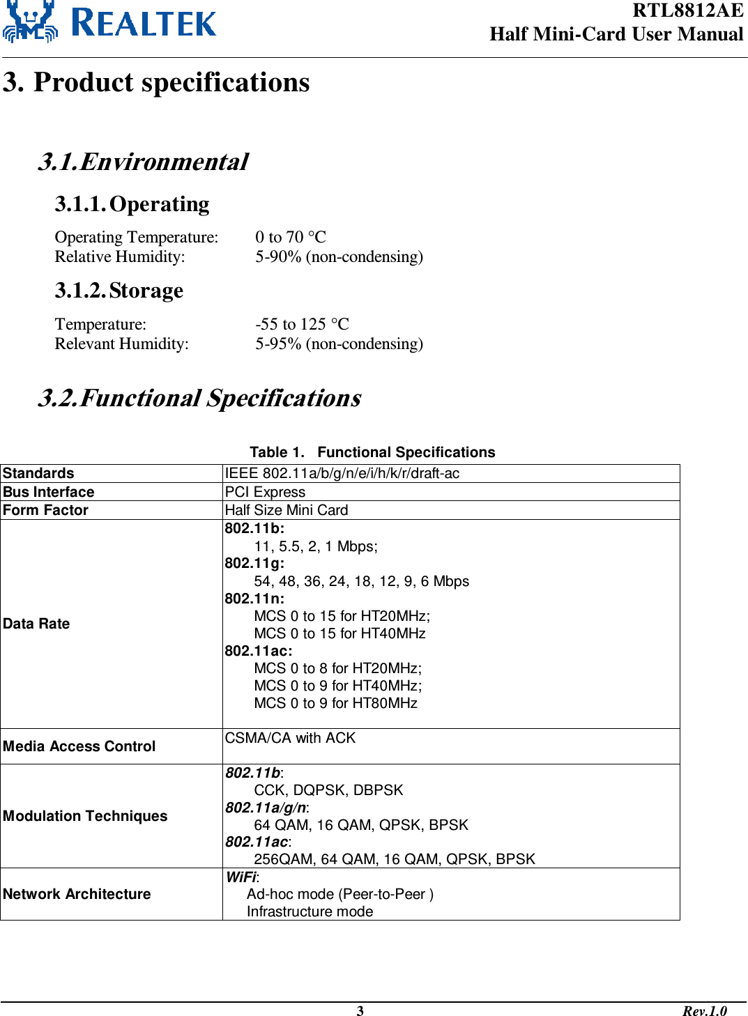 RTL8812AE Half Mini-Card User Manual                                                                                              3                                                                                       Rev.1.0  3. Product specifications  3.1. Environmental 3.1.1. Operating Operating Temperature:   0 to 70 C Relative Humidity:     5-90% (non-condensing) 3.1.2. Storage Temperature:       -55 to 125 C  Relevant Humidity:     5-95% (non-condensing)  3.2. Functional Specifications  Table 1.   Functional Specifications Standards IEEE 802.11a/b/g/n/e/i/h/k/r/draft-ac Bus Interface PCI Express Form Factor Half Size Mini Card Data Rate 802.11b:  11, 5.5, 2, 1 Mbps; 802.11g:  54, 48, 36, 24, 18, 12, 9, 6 Mbps 802.11n:  MCS 0 to 15 for HT20MHz; MCS 0 to 15 for HT40MHz 802.11ac:  MCS 0 to 8 for HT20MHz; MCS 0 to 9 for HT40MHz; MCS 0 to 9 for HT80MHz  Media Access Control CSMA/CA with ACK  Modulation Techniques 802.11b:  CCK, DQPSK, DBPSK 802.11a/g/n:  64 QAM, 16 QAM, QPSK, BPSK 802.11ac:  256QAM, 64 QAM, 16 QAM, QPSK, BPSK Network Architecture WiFi:  Ad-hoc mode (Peer-to-Peer ) Infrastructure mode 