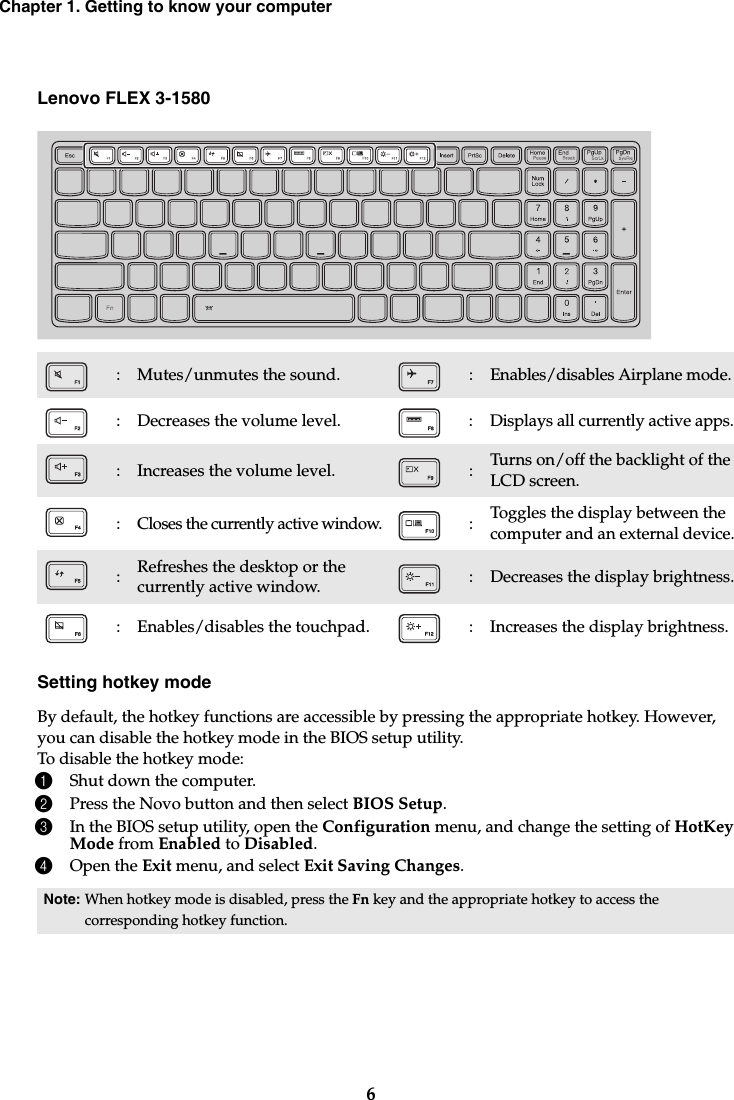 6Chapter 1. Getting to know your computerLenovo FLEX 3-1580Setting hotkey modeBy default, the hotkey functions are accessible by pressing the appropriate hotkey. However, you can disable the hotkey mode in the BIOS setup utility.To disable the hotkey mode:1Shut down the computer.2Press the Novo button and then select BIOS Setup.3In the BIOS setup utility, open the Configuration menu, and change the setting of HotKey Mode from Enabled to Disabled.4Open the Exit menu, and select Exit Saving Changes.:Mutes/unmutes the sound. :Enables/disables Airplane mode.: Decreases the volume level. : Displays all currently active apps.:Increases the volume level. :Turns on/off the backlight of the LCD screen.:Closes the currently active window.:Toggles the display between the computer and an external device.:Refreshes the desktop or the currently active window. :Decreases the display brightness.: Enables/disables the touchpad. : Increases the display brightness.Note: When hotkey mode is disabled, press the Fn key and the appropriate hotkey to access the corresponding hotkey function.