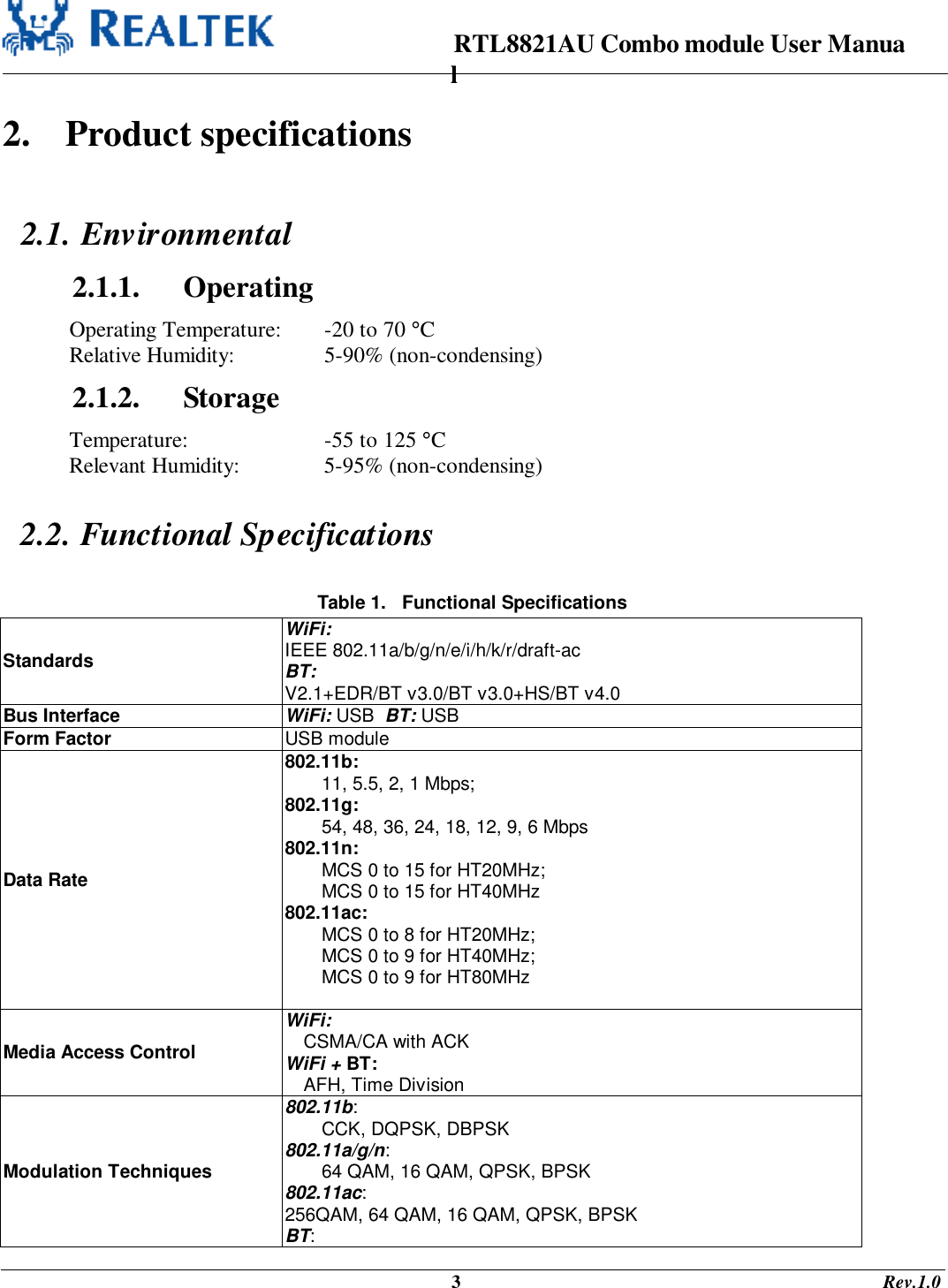                                                                      RTL8821AU Combo module User Manual                                                                                              3                                                                                       Rev.1.0  2. Product specifications  2.1. Environmental 2.1.1. Operating Operating Temperature:   -20 to 70 °C Relative Humidity:     5-90% (non-condensing) 2.1.2. Storage Temperature:       -55 to 125 °C  Relevant Humidity:     5-95% (non-condensing)  2.2. Functional Specifications  Table 1.   Functional Specifications Standards WiFi: IEEE 802.11a/b/g/n/e/i/h/k/r/draft-ac BT:  V2.1+EDR/BT v3.0/BT v3.0+HS/BT v4.0 Bus Interface  WiFi: USB  BT: USB Form Factor  USB module Data Rate 802.11b:  11, 5.5, 2, 1 Mbps; 802.11g:  54, 48, 36, 24, 18, 12, 9, 6 Mbps 802.11n:  MCS 0 to 15 for HT20MHz; MCS 0 to 15 for HT40MHz 802.11ac:  MCS 0 to 8 for HT20MHz; MCS 0 to 9 for HT40MHz; MCS 0 to 9 for HT80MHz  Media Access Control WiFi:  CSMA/CA with ACK WiFi + BT:  AFH, Time Division Modulation Techniques 802.11b:  CCK, DQPSK, DBPSK 802.11a/g/n:  64 QAM, 16 QAM, QPSK, BPSK 802.11ac:  256QAM, 64 QAM, 16 QAM, QPSK, BPSK BT:  