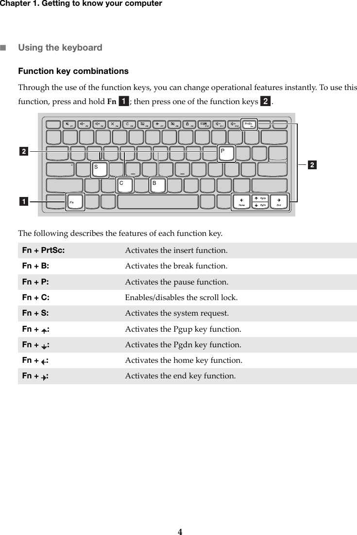 4Chapter 1. Getting to know your computerUsing the keyboardFunction key combinationsThrough the use of the function keys, you can change operational features instantly. To use this function, press and hold Fn  ; then press one of the function keys  .The following describes the features of each function key.Fn + PrtSc: Activates the insert function.Fn + B: Activates the break function.Fn + P: Activates the pause function.Fn + C: Enables/disables the scroll lock.Fn + S: Activates the system request.Fn +  : Activates the Pgup key function.Fn +  : Activates the Pgdn key function.Fn +  : Activates the home key function.Fn +  : Activates the end key function.ab