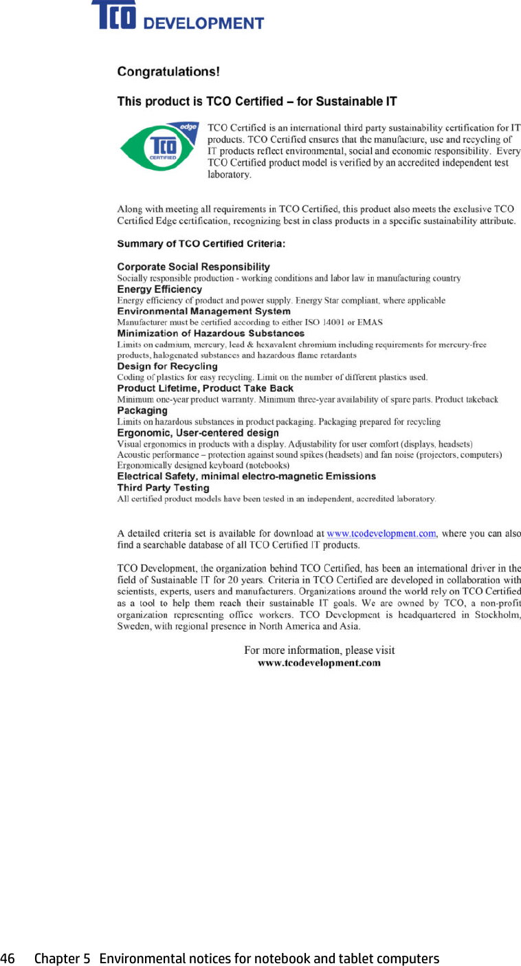 46 Chapter 5   Environmental notices for notebook and tablet computers