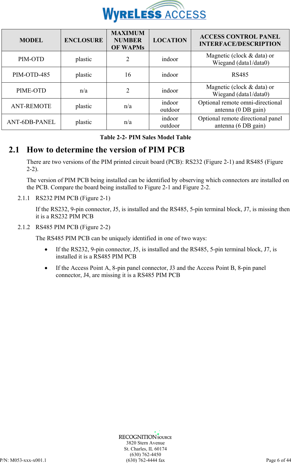      3820 Stern Avenue   St. Charles, IL 60174  (630) 762-4450 P/N: M053-xxx-x001.1  (630) 762-4444 fax  Page 6 of 44  MODEL  ENCLOSURE MAXIMUM NUMBER OF WAPMs LOCATION  ACCESS CONTROL PANEL INTERFACE/DESCRIPTION PIM-OTD plastic  2  indoor Magnetic (clock &amp; data) or  Wiegand (data1/data0) PIM-OTD-485 plastic  16  indoor  RS485 PIME-OTD n/a  2 indoor Magnetic (clock &amp; data) or  Wiegand (data1/data0) ANT-REMOTE plastic  n/a  indoor outdoor Optional remote omni-directional antenna (0 DB gain) ANT-6DB-PANEL plastic  n/a  indoor outdoor Optional remote directional panel antenna (6 DB gain) Table 2-2- PIM Sales Model Table 2.1  How to determine the version of PIM PCB There are two versions of the PIM printed circuit board (PCB): RS232 (Figure 2-1) and RS485 (Figure 2-2).   The version of PIM PCB being installed can be identified by observing which connectors are installed on the PCB. Compare the board being installed to Figure 2-1 and Figure 2-2. 2.1.1  RS232 PIM PCB (Figure 2-1) If the RS232, 9-pin connector, J5, is installed and the RS485, 5-pin terminal block, J7, is missing then it is a RS232 PIM PCB 2.1.2  RS485 PIM PCB (Figure 2-2) The RS485 PIM PCB can be uniquely identified in one of two ways: •  If the RS232, 9-pin connector, J5, is installed and the RS485, 5-pin terminal block, J7, is installed it is a RS485 PIM PCB •  If the Access Point A, 8-pin panel connector, J3 and the Access Point B, 8-pin panel connector, J4, are missing it is a RS485 PIM PCB 