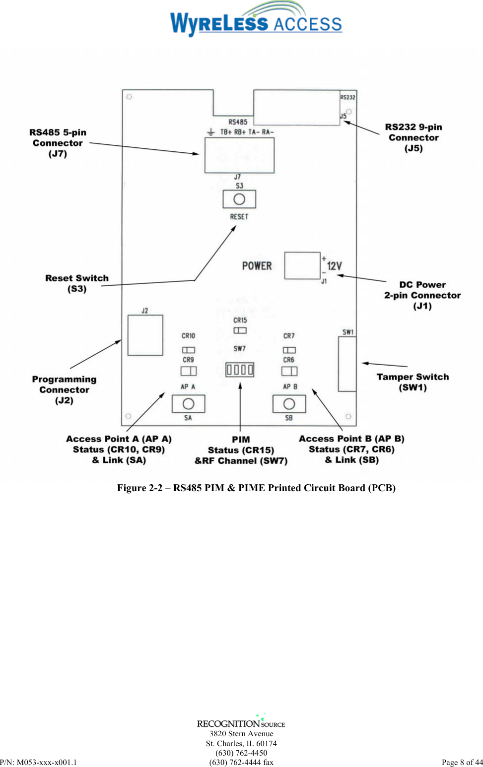      3820 Stern Avenue   St. Charles, IL 60174  (630) 762-4450 P/N: M053-xxx-x001.1  (630) 762-4444 fax  Page 8 of 44   Figure 2-2 – RS485 PIM &amp; PIME Printed Circuit Board (PCB) 