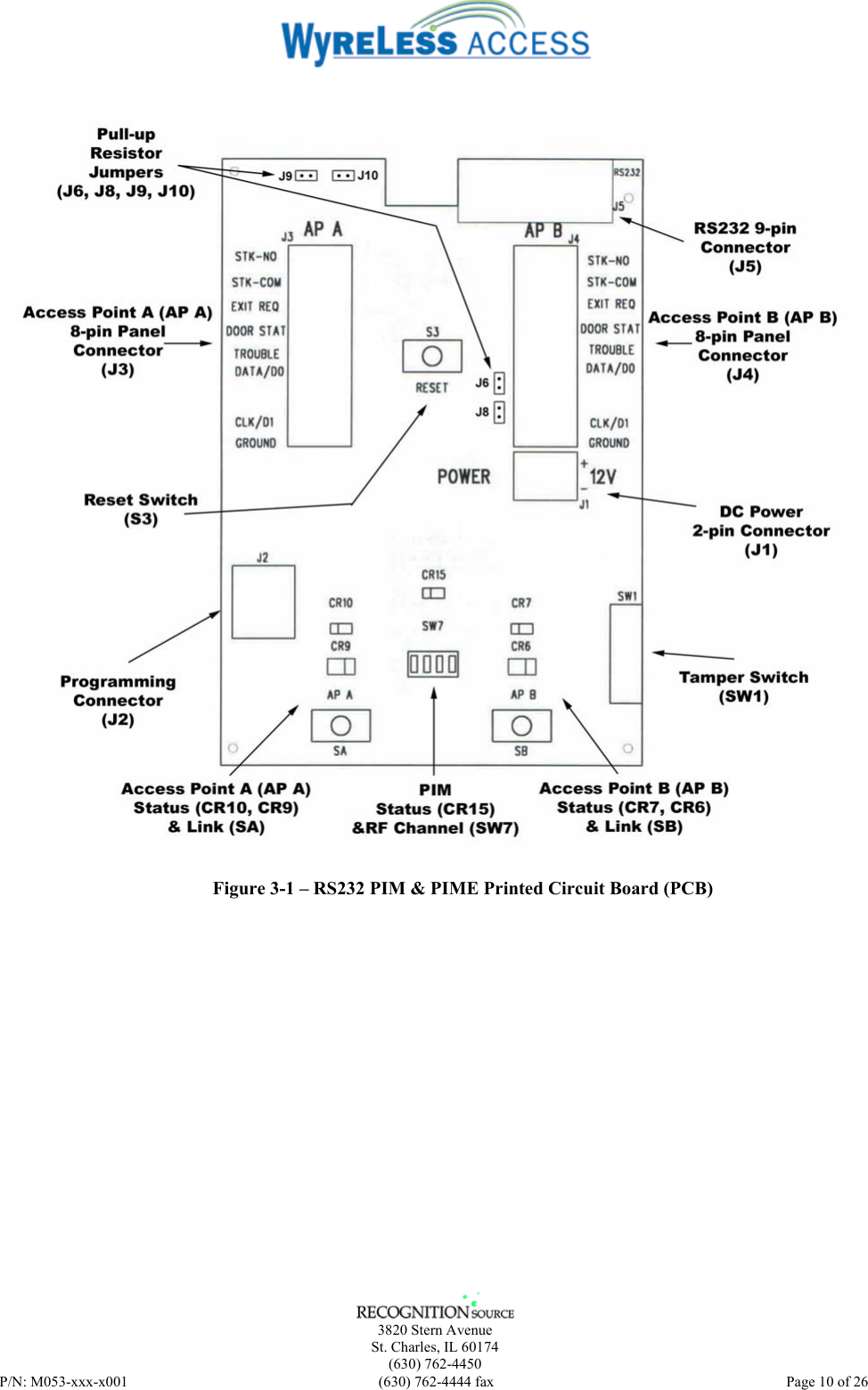    3820 Stern Avenue St. Charles, IL 60174 (630) 762-4450 P/N: M053-xxx-x001  (630) 762-4444 fax   Page 10 of 26  Figure 3-1 – RS232 PIM &amp; PIME Printed Circuit Board (PCB)  