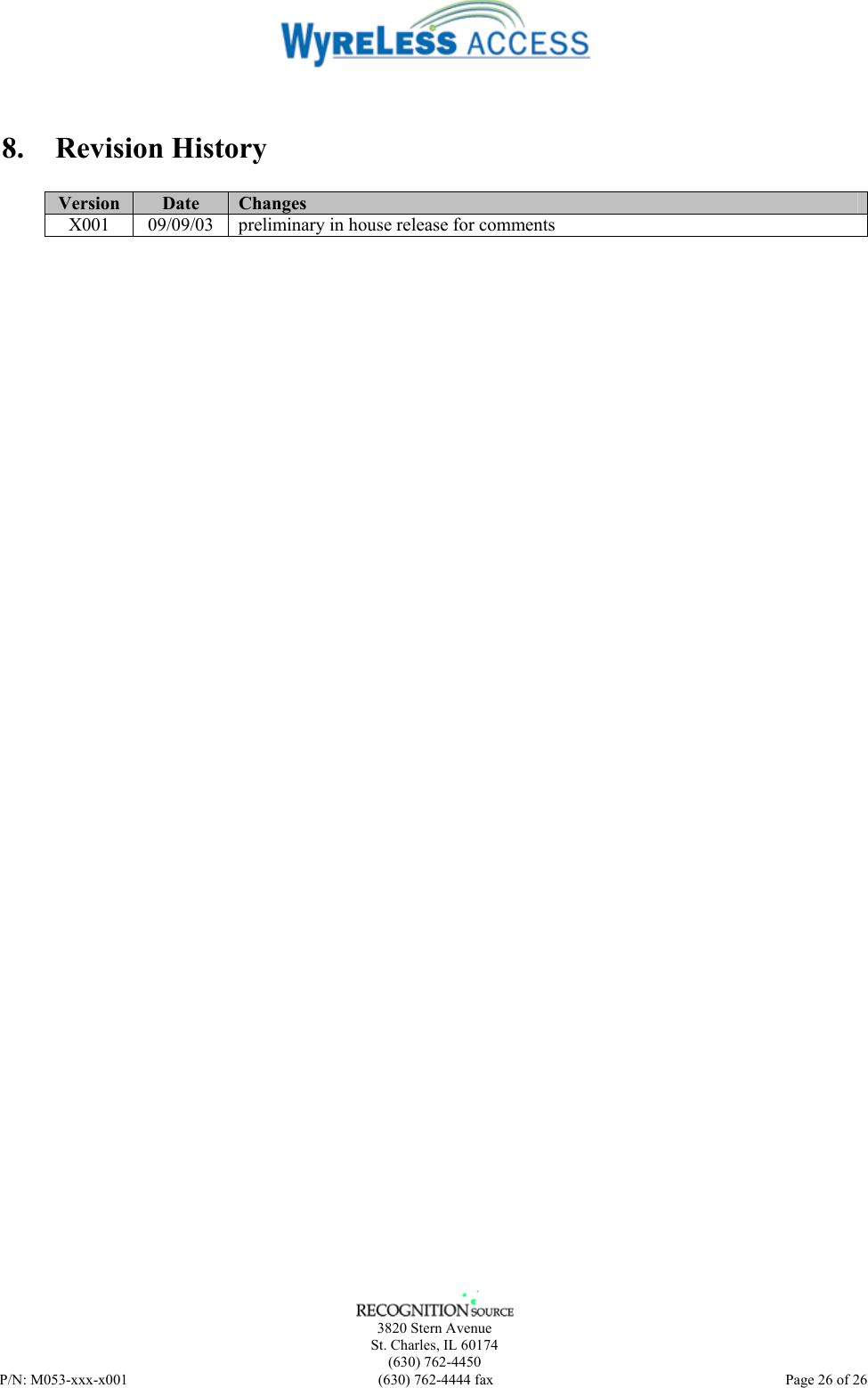    3820 Stern Avenue St. Charles, IL 60174 (630) 762-4450 P/N: M053-xxx-x001  (630) 762-4444 fax   Page 26 of 26  8. Revision History  Version  Date  Changes X001  09/09/03  preliminary in house release for comments   
