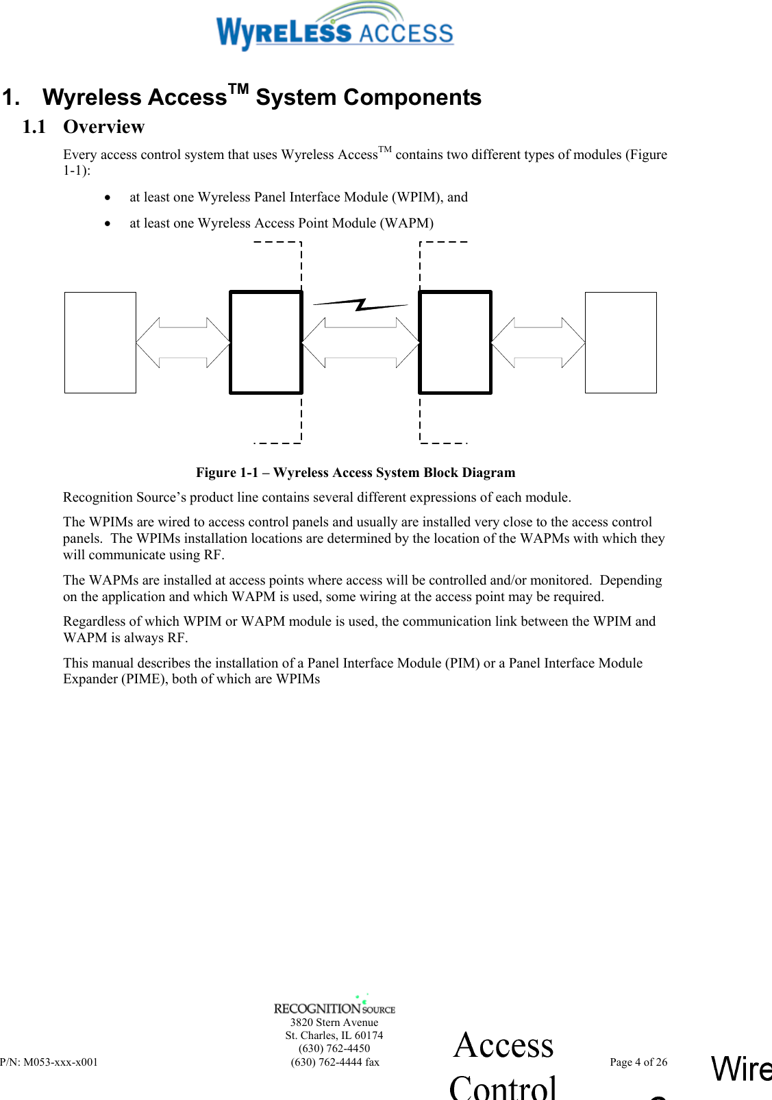    3820 Stern Avenue St. Charles, IL 60174 (630) 762-4450 P/N: M053-xxx-x001  (630) 762-4444 fax   Page 4 of 26 1. Wyreless AccessTM System Components 1.1 Overview Every access control system that uses Wyreless AccessTM contains two different types of modules (Figure 1-1): • at least one Wyreless Panel Interface Module (WPIM), and • at least one Wyreless Access Point Module (WAPM)  Figure 1-1 – Wyreless Access System Block Diagram Recognition Source’s product line contains several different expressions of each module. The WPIMs are wired to access control panels and usually are installed very close to the access control panels.  The WPIMs installation locations are determined by the location of the WAPMs with which they will communicate using RF. The WAPMs are installed at access points where access will be controlled and/or monitored.  Depending on the application and which WAPM is used, some wiring at the access point may be required. Regardless of which WPIM or WAPM module is used, the communication link between the WPIM and WAPM is always RF. This manual describes the installation of a Panel Interface Module (PIM) or a Panel Interface Module Expander (PIME), both of which are WPIMs 