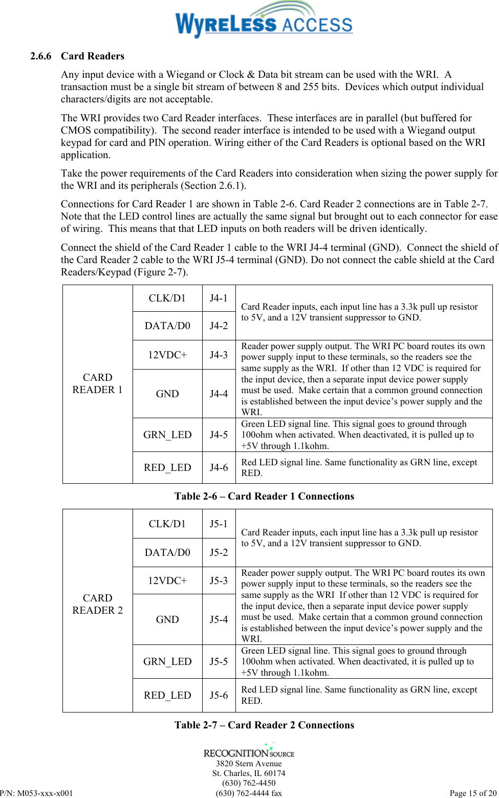    3820 Stern Avenue St. Charles, IL 60174 (630) 762-4450 P/N: M053-xxx-x001  (630) 762-4444 fax   Page 15 of 20 2.6.6 Card Readers  Any input device with a Wiegand or Clock &amp; Data bit stream can be used with the WRI.  A transaction must be a single bit stream of between 8 and 255 bits.  Devices which output individual characters/digits are not acceptable. The WRI provides two Card Reader interfaces.  These interfaces are in parallel (but buffered for CMOS compatibility).  The second reader interface is intended to be used with a Wiegand output keypad for card and PIN operation. Wiring either of the Card Readers is optional based on the WRI application.  Take the power requirements of the Card Readers into consideration when sizing the power supply for the WRI and its peripherals (Section 2.6.1). Connections for Card Reader 1 are shown in Table 2-6. Card Reader 2 connections are in Table 2-7.  Note that the LED control lines are actually the same signal but brought out to each connector for ease of wiring.  This means that that LED inputs on both readers will be driven identically. Connect the shield of the Card Reader 1 cable to the WRI J4-4 terminal (GND).  Connect the shield of the Card Reader 2 cable to the WRI J5-4 terminal (GND). Do not connect the cable shield at the Card Readers/Keypad (Figure 2-7). CLK/D1 J4-1 DATA/D0 J4-2 Card Reader inputs, each input line has a 3.3k pull up resistor to 5V, and a 12V transient suppressor to GND. 12VDC+ J4-3 GND J4-4 Reader power supply output. The WRI PC board routes its own power supply input to these terminals, so the readers see the same supply as the WRI.  If other than 12 VDC is required for the input device, then a separate input device power supply must be used.  Make certain that a common ground connection is established between the input device’s power supply and the WRI. GRN_LED J4-5 Green LED signal line. This signal goes to ground through 100ohm when activated. When deactivated, it is pulled up to +5V through 1.1kohm.  CARD READER 1 RED_LED J4-6 Red LED signal line. Same functionality as GRN line, except RED.  Table 2-6 – Card Reader 1 Connections CLK/D1 J5-1 DATA/D0 J5-2 Card Reader inputs, each input line has a 3.3k pull up resistor to 5V, and a 12V transient suppressor to GND. 12VDC+ J5-3 GND J5-4 Reader power supply output. The WRI PC board routes its own power supply input to these terminals, so the readers see the same supply as the WRI  If other than 12 VDC is required for the input device, then a separate input device power supply must be used.  Make certain that a common ground connection is established between the input device’s power supply and the WRI. GRN_LED J5-5 Green LED signal line. This signal goes to ground through 100ohm when activated. When deactivated, it is pulled up to +5V through 1.1kohm.  CARD READER 2  RED_LED J5-6 Red LED signal line. Same functionality as GRN line, except RED.  Table 2-7 – Card Reader 2 Connections 