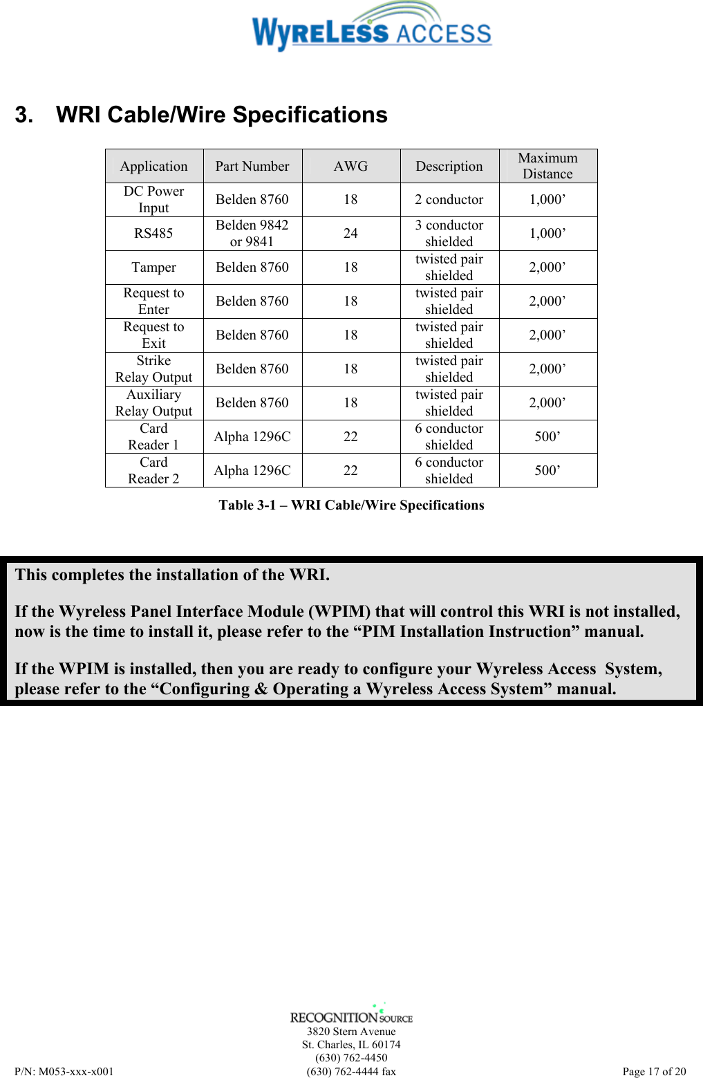    3820 Stern Avenue St. Charles, IL 60174 (630) 762-4450 P/N: M053-xxx-x001  (630) 762-4444 fax   Page 17 of 20  3.  WRI Cable/Wire Specifications  Application  Part Number  AWG  Description  Maximum Distance DC Power Input  Belden 8760  18  2 conductor  1,000’ RS485  Belden 9842 or 9841  24  3 conductor shielded  1,000’ Tamper Belden 8760  18  twisted pair shielded  2,000’ Request to Enter  Belden 8760  18  twisted pair shielded  2,000’ Request to Exit  Belden 8760  18  twisted pair shielded  2,000’ Strike Relay Output  Belden 8760  18  twisted pair shielded  2,000’ Auxiliary Relay Output  Belden 8760  18  twisted pair shielded  2,000’ Card Reader 1  Alpha 1296C  22  6 conductor shielded  500’ Card Reader 2  Alpha 1296C  22  6 conductor shielded  500’ Table 3-1 – WRI Cable/Wire Specifications This completes the installation of the WRI. If the Wyreless Panel Interface Module (WPIM) that will control this WRI is not installed, now is the time to install it, please refer to the “PIM Installation Instruction” manual. If the WPIM is installed, then you are ready to configure your Wyreless Access  System, please refer to the “Configuring &amp; Operating a Wyreless Access System” manual. 