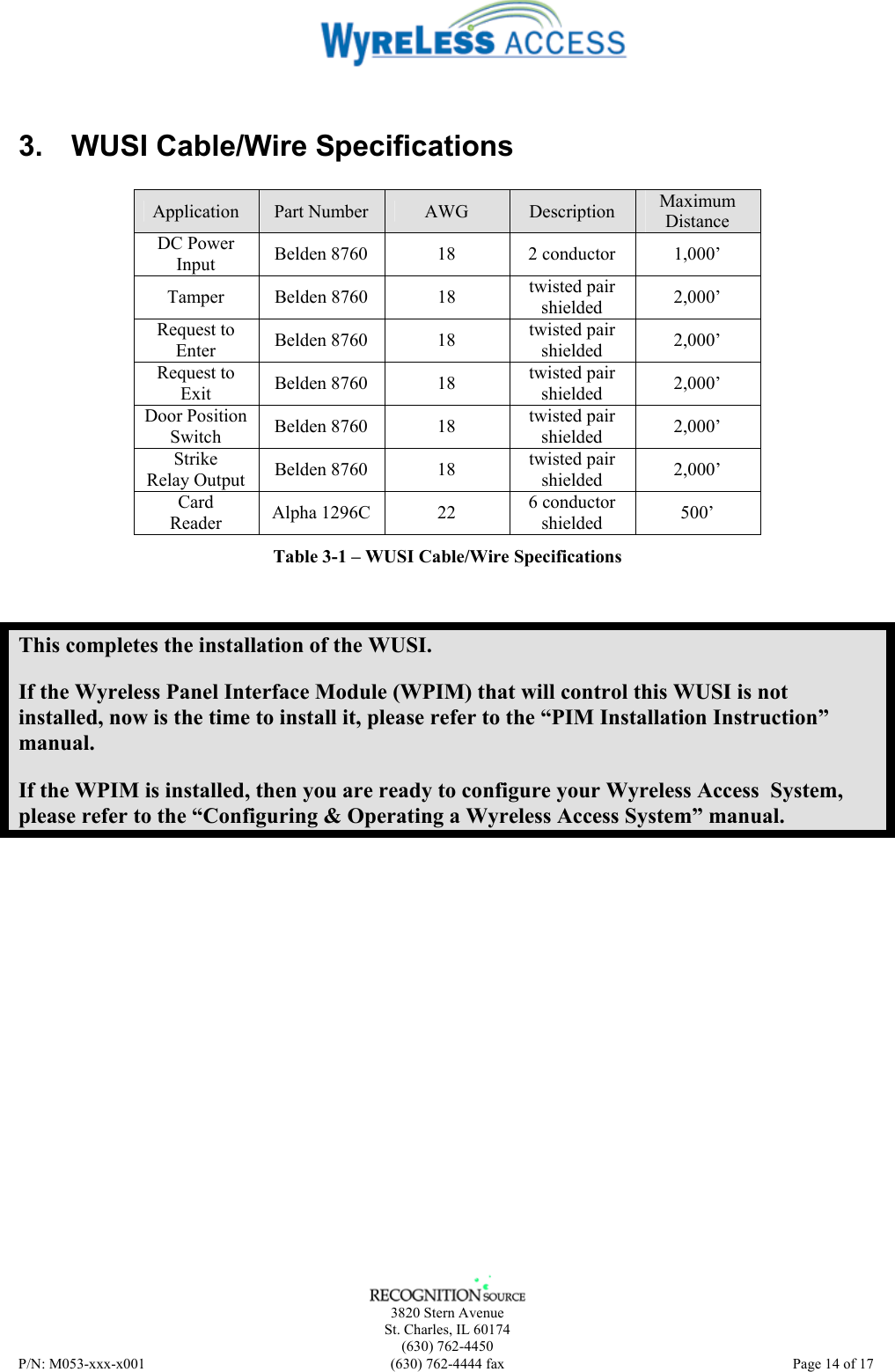    3820 Stern Avenue St. Charles, IL 60174 (630) 762-4450 P/N: M053-xxx-x001  (630) 762-4444 fax   Page 14 of 17  3.  WUSI Cable/Wire Specifications  Application  Part Number  AWG  Description  Maximum Distance DC Power Input  Belden 8760  18  2 conductor  1,000’ Tamper Belden 8760  18  twisted pair shielded  2,000’ Request to Enter  Belden 8760  18  twisted pair shielded  2,000’ Request to Exit  Belden 8760  18  twisted pair shielded  2,000’ Door Position Switch  Belden 8760  18  twisted pair shielded  2,000’ Strike Relay Output  Belden 8760  18  twisted pair shielded  2,000’ Card Reader  Alpha 1296C  22  6 conductor shielded  500’ Table 3-1 – WUSI Cable/Wire Specifications This completes the installation of the WUSI. If the Wyreless Panel Interface Module (WPIM) that will control this WUSI is not installed, now is the time to install it, please refer to the “PIM Installation Instruction” manual. If the WPIM is installed, then you are ready to configure your Wyreless Access  System, please refer to the “Configuring &amp; Operating a Wyreless Access System” manual. 