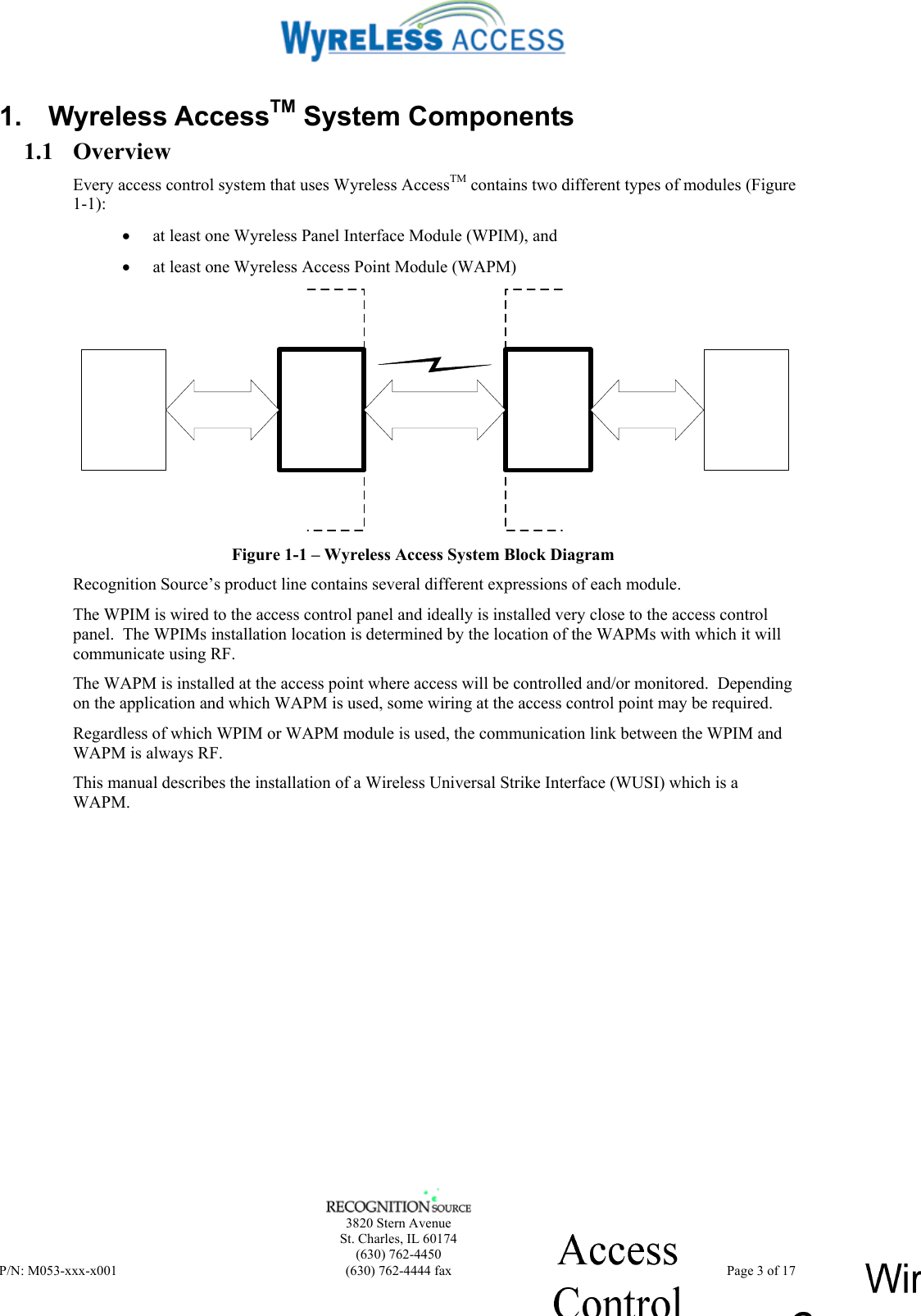    3820 Stern Avenue St. Charles, IL 60174 (630) 762-4450 P/N: M053-xxx-x001  (630) 762-4444 fax   Page 3 of 17 1. Wyreless AccessTM System Components 1.1 Overview Every access control system that uses Wyreless AccessTM contains two different types of modules (Figure 1-1): • at least one Wyreless Panel Interface Module (WPIM), and • at least one Wyreless Access Point Module (WAPM)  Figure 1-1 – Wyreless Access System Block Diagram Recognition Source’s product line contains several different expressions of each module. The WPIM is wired to the access control panel and ideally is installed very close to the access control panel.  The WPIMs installation location is determined by the location of the WAPMs with which it will communicate using RF. The WAPM is installed at the access point where access will be controlled and/or monitored.  Depending on the application and which WAPM is used, some wiring at the access control point may be required. Regardless of which WPIM or WAPM module is used, the communication link between the WPIM and WAPM is always RF. This manual describes the installation of a Wireless Universal Strike Interface (WUSI) which is a WAPM.  