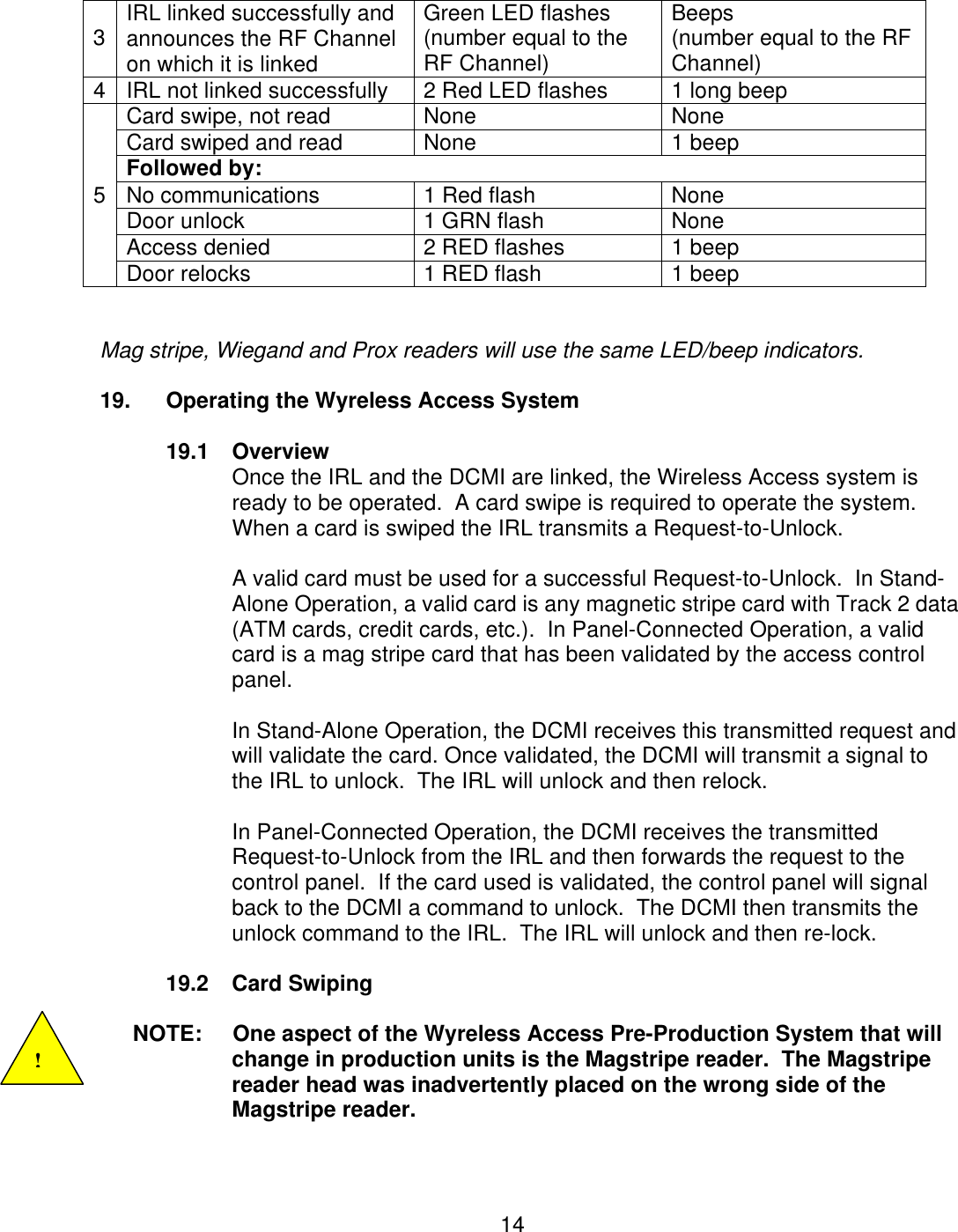  14  3 IRL linked successfully and announces the RF Channel on which it is linked Green LED flashes (number equal to the RF Channel) Beeps (number equal to the RF Channel) 4 IRL not linked successfully 2 Red LED flashes 1 long beep  Card swipe, not read None None  Card swiped and read None 1 beep  Followed by: 5 No communications 1 Red flash None  Door unlock 1 GRN flash None  Access denied 2 RED flashes 1 beep  Door relocks 1 RED flash 1 beep    Mag stripe, Wiegand and Prox readers will use the same LED/beep indicators.  19. Operating the Wyreless Access System  19.1 Overview Once the IRL and the DCMI are linked, the Wireless Access system is ready to be operated.  A card swipe is required to operate the system.  When a card is swiped the IRL transmits a Request-to-Unlock.    A valid card must be used for a successful Request-to-Unlock.  In Stand-Alone Operation, a valid card is any magnetic stripe card with Track 2 data (ATM cards, credit cards, etc.).  In Panel-Connected Operation, a valid card is a mag stripe card that has been validated by the access control panel.  In Stand-Alone Operation, the DCMI receives this transmitted request and will validate the card. Once validated, the DCMI will transmit a signal to the IRL to unlock.  The IRL will unlock and then relock.    In Panel-Connected Operation, the DCMI receives the transmitted Request-to-Unlock from the IRL and then forwards the request to the control panel.  If the card used is validated, the control panel will signal back to the DCMI a command to unlock.  The DCMI then transmits the unlock command to the IRL.  The IRL will unlock and then re-lock.  19.2 Card Swiping   NOTE:     One aspect of the Wyreless Access Pre-Production System that will change in production units is the Magstripe reader.  The Magstripe reader head was inadvertently placed on the wrong side of the Magstripe reader.   ! 