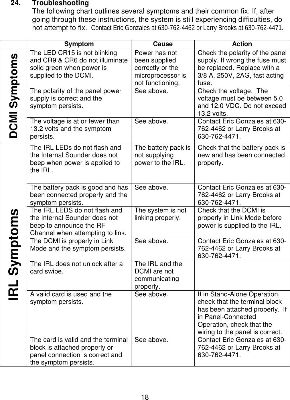  18 24.  Troubleshooting The following chart outlines several symptoms and their common fix. If, after going through these instructions, the system is still experiencing difficulties, do not attempt to fix.  Contact Eric Gonzales at 630-762-4462 or Larry Brooks at 630-762-4471.   Symptom Cause Action The LED CR15 is not blinking and CR9 &amp; CR6 do not illuminate solid green when power is supplied to the DCMI.  Power has not been supplied correctly or the microprocessor is not functioning. Check the polarity of the panel supply. If wrong the fuse must be replaced. Replace with a 3/8 A, 250V, 2AG, fast acting fuse. The polarity of the panel power supply is correct and the symptom persists. See above. Check the voltage.  The voltage must be between 5.0 and 12.0 VDC. Do not exceed 13.2 volts. DCMI Symptoms The voltage is at or fewer than 13.2 volts and the symptom persists. See above. Contact Eric Gonzales at 630-762-4462 or Larry Brooks at 630-762-4471. The IRL LEDs do not flash and the Internal Sounder does not beep when power is applied to the IRL. The battery pack is not supplying power to the IRL. Check that the battery pack is new and has been connected properly. The battery pack is good and has been connected properly and the symptom persists. See above. Contact Eric Gonzales at 630-762-4462 or Larry Brooks at 630-762-4471. The IRL LEDS do not flash and the Internal Sounder does not beep to announce the RF Channel when attempting to link. The system is not linking properly. Check that the DCMI is properly in Link Mode before power is supplied to the IRL. The DCMI is properly in Link Mode and the symptom persists. See above. Contact Eric Gonzales at 630-762-4462 or Larry Brooks at 630-762-4471. The IRL does not unlock after a card swipe. The IRL and the DCMI are not communicating properly.  A valid card is used and the symptom persists. See above. If in Stand-Alone Operation, check that the terminal block has been attached properly.  If in Panel-Connected Operation, check that the wiring to the panel is correct. IRL Symptoms The card is valid and the terminal block is attached properly or panel connection is correct and the symptom persists. See above. Contact Eric Gonzales at 630-762-4462 or Larry Brooks at 630-762-4471.  