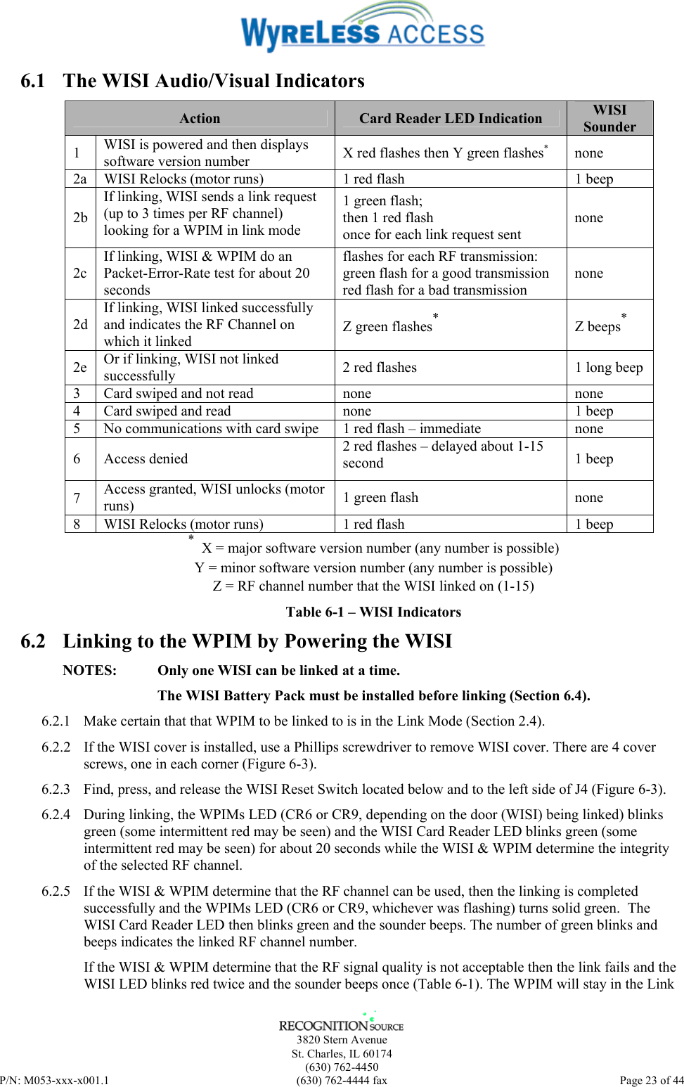      3820 Stern Avenue   St. Charles, IL 60174  (630) 762-4450 P/N: M053-xxx-x001.1  (630) 762-4444 fax  Page 23 of 44  6.1  The WISI Audio/Visual Indicators Action  Card Reader LED Indication  WISI Sounder 1  WISI is powered and then displays software version number  X red flashes then Y green flashes* none 2a  WISI Relocks (motor runs)  1 red flash  1 beep 2b If linking, WISI sends a link request (up to 3 times per RF channel) looking for a WPIM in link mode 1 green flash; then 1 red flash once for each link request sent none 2c If linking, WISI &amp; WPIM do an Packet-Error-Rate test for about 20 seconds flashes for each RF transmission: green flash for a good transmission red flash for a bad transmission none 2d If linking, WISI linked successfully and indicates the RF Channel on which it linked Z green flashes* Z beeps* 2e  Or if linking, WISI not linked successfully  2 red flashes  1 long beep 3  Card swiped and not read  none  none 4  Card swiped and read  none  1 beep 5  No communications with card swipe  1 red flash – immediate  none 6 Access denied  2 red flashes – delayed about 1-15 second  1 beep 7  Access granted, WISI unlocks (motor runs)  1 green flash  none 8  WISI Relocks (motor runs)  1 red flash  1 beep *  X = major software version number (any number is possible) Y = minor software version number (any number is possible) Z = RF channel number that the WISI linked on (1-15) Table 6-1 – WISI Indicators 6.2  Linking to the WPIM by Powering the WISI NOTES:  Only one WISI can be linked at a time.     The WISI Battery Pack must be installed before linking (Section 6.4). 6.2.1  Make certain that that WPIM to be linked to is in the Link Mode (Section 2.4).  6.2.2  If the WISI cover is installed, use a Phillips screwdriver to remove WISI cover. There are 4 cover screws, one in each corner (Figure 6-3).  6.2.3  Find, press, and release the WISI Reset Switch located below and to the left side of J4 (Figure 6-3). 6.2.4  During linking, the WPIMs LED (CR6 or CR9, depending on the door (WISI) being linked) blinks green (some intermittent red may be seen) and the WISI Card Reader LED blinks green (some intermittent red may be seen) for about 20 seconds while the WISI &amp; WPIM determine the integrity of the selected RF channel. 6.2.5  If the WISI &amp; WPIM determine that the RF channel can be used, then the linking is completed successfully and the WPIMs LED (CR6 or CR9, whichever was flashing) turns solid green.  The WISI Card Reader LED then blinks green and the sounder beeps. The number of green blinks and beeps indicates the linked RF channel number. If the WISI &amp; WPIM determine that the RF signal quality is not acceptable then the link fails and the WISI LED blinks red twice and the sounder beeps once (Table 6-1). The WPIM will stay in the Link 