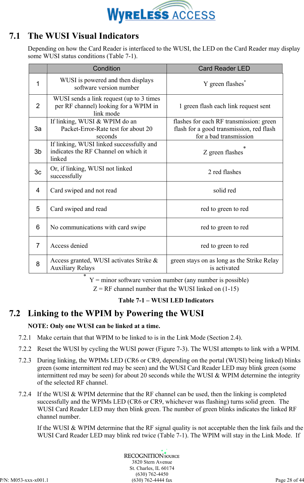      3820 Stern Avenue   St. Charles, IL 60174  (630) 762-4450 P/N: M053-xxx-x001.1  (630) 762-4444 fax  Page 28 of 44  7.1  The WUSI Visual Indicators Depending on how the Card Reader is interfaced to the WUSI, the LED on the Card Reader may display some WUSI status conditions (Table 7-1).  Condition  Card Reader LED 1  WUSI is powered and then displays software version number Y green flashes* 2 WUSI sends a link request (up to 3 times per RF channel) looking for a WPIM in link mode 1 green flash each link request sent 3a If linking, WUSI &amp; WPIM do an Packet-Error-Rate test for about 20 seconds flashes for each RF transmission: green flash for a good transmission, red flash for a bad transmission 3b If linking, WUSI linked successfully and indicates the RF Channel on which it linked Z green flashes* 3c  Or, if linking, WUSI not linked successfully  2 red flashes 4  Card swiped and not read  solid red 5  Card swiped and read  red to green to red 6  No communications with card swipe  red to green to red 7  Access denied  red to green to red 8  Access granted, WUSI activates Strike &amp; Auxiliary Relays green stays on as long as the Strike Relay is activated *  Y = minor software version number (any number is possible) Z = RF channel number that the WUSI linked on (1-15) Table 7-1 – WUSI LED Indicators 7.2  Linking to the WPIM by Powering the WUSI NOTE: Only one WUSI can be linked at a time. 7.2.1  Make certain that that WPIM to be linked to is in the Link Mode (Section 2.4).  7.2.2  Reset the WUSI by cycling the WUSI power (Figure 7-3). The WUSI attempts to link with a WPIM. 7.2.3  During linking, the WPIMs LED (CR6 or CR9, depending on the portal (WUSI) being linked) blinks green (some intermittent red may be seen) and the WUSI Card Reader LED may blink green (some intermittent red may be seen) for about 20 seconds while the WUSI &amp; WPIM determine the integrity of the selected RF channel. 7.2.4  If the WUSI &amp; WPIM determine that the RF channel can be used, then the linking is completed successfully and the WPIMs LED (CR6 or CR9, whichever was flashing) turns solid green.  The WUSI Card Reader LED may then blink green. The number of green blinks indicates the linked RF channel number. If the WUSI &amp; WPIM determine that the RF signal quality is not acceptable then the link fails and the WUSI Card Reader LED may blink red twice (Table 7-1). The WPIM will stay in the Link Mode.  If 