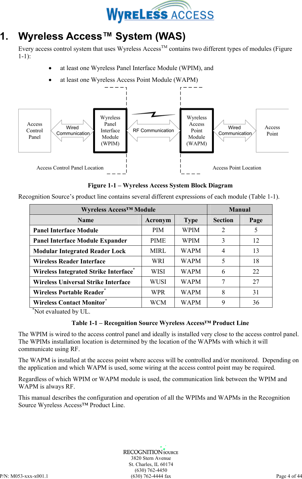      3820 Stern Avenue   St. Charles, IL 60174  (630) 762-4450 P/N: M053-xxx-x001.1  (630) 762-4444 fax  Page 4 of 44  1.  Wyreless Access™ System (WAS) Every access control system that uses Wyreless AccessTM contains two different types of modules (Figure 1-1): •  at least one Wyreless Panel Interface Module (WPIM), and •  at least one Wyreless Access Point Module (WAPM)  Figure 1-1 – Wyreless Access System Block Diagram Recognition Source’s product line contains several different expressions of each module (Table 1-1). Wyreless Access™ Module  Manual Name  Acronym  Type  Section  Page Panel Interface Module  PIM WPIM  2  5 Panel Interface Module Expander PIME WPIM  3  12 Modular Integrated Reader Lock  MIRL WAPM  4  13 Wireless Reader Interface  WRI WAPM  5  18 Wireless Integrated Strike Interface* WISI WAPM  6  22 Wireless Universal Strike Interface  WUSI WAPM  7  27 Wireless Portable Reader* WPR WAPM  8  31 Wireless Contact Monitor* WCM WAPM  9  36 *Not evaluated by UL. Table 1-1 – Recognition Source Wyreless Access™ Product Line The WPIM is wired to the access control panel and ideally is installed very close to the access control panel.  The WPIMs installation location is determined by the location of the WAPMs with which it will communicate using RF. The WAPM is installed at the access point where access will be controlled and/or monitored.  Depending on the application and which WAPM is used, some wiring at the access control point may be required. Regardless of which WPIM or WAPM module is used, the communication link between the WPIM and WAPM is always RF. This manual describes the configuration and operation of all the WPIMs and WAPMs in the Recognition Source Wyreless Access™ Product Line. 