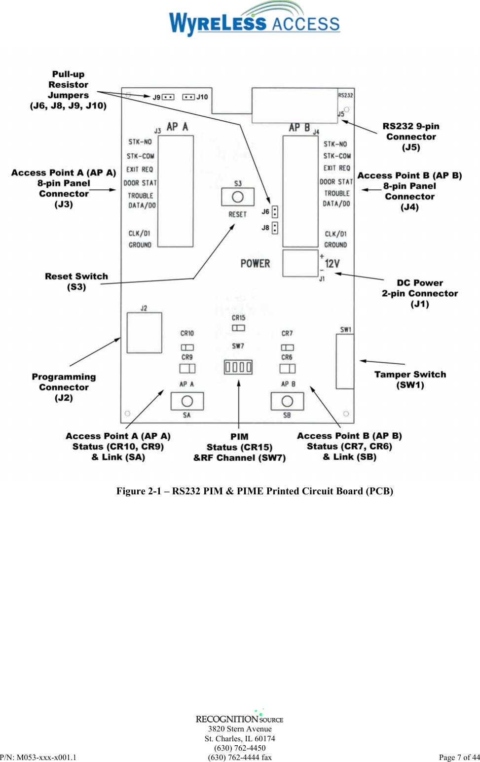      3820 Stern Avenue   St. Charles, IL 60174  (630) 762-4450 P/N: M053-xxx-x001.1  (630) 762-4444 fax  Page 7 of 44   Figure 2-1 – RS232 PIM &amp; PIME Printed Circuit Board (PCB)  