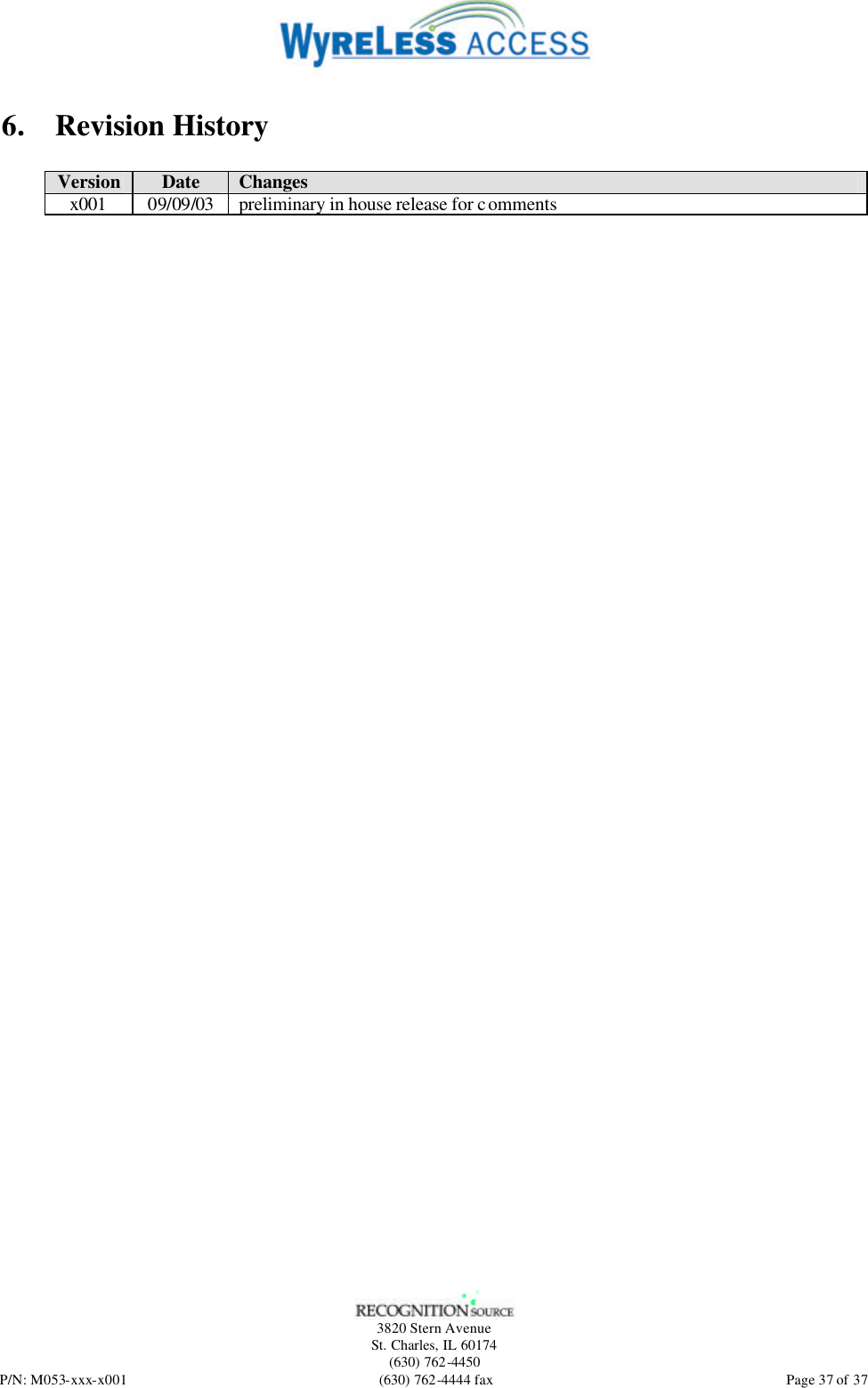   3820 Stern Avenue St. Charles, IL 60174 (630) 762-4450 P/N: M053-xxx-x001 (630) 762-4444 fax  Page 37 of 37 6. Revision History  Version Date Changes x001 09/09/03 preliminary in house release for comments  