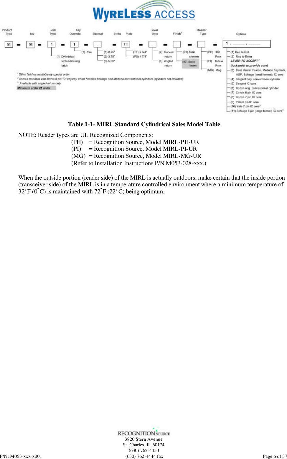   3820 Stern Avenue St. Charles, IL 60174 (630) 762-4450 P/N: M053-xxx-x001 (630) 762-4444 fax  Page 6 of 37  Table 1-1- MIRL Standard Cylindrical Sales Model Table NOTE: Reader types are UL Recognized Components: (PH) = Recognition Source, Model MIRL-PH-UR (PI)  = Recognition Source, Model MIRL-PI-UR (MG)  = Recognition Source, Model MIRL-MG-UR (Refer to Installation Instructions P/N M053-028-xxx.) When the outside portion (reader side) of the MIRL is actually outdoors, make certain that the inside portion (transceiver side) of the MIRL is in a temperature controlled environment where a minimum temperature of 32? F (0? C) is maintained with 72? F (22? C) being optimum.  