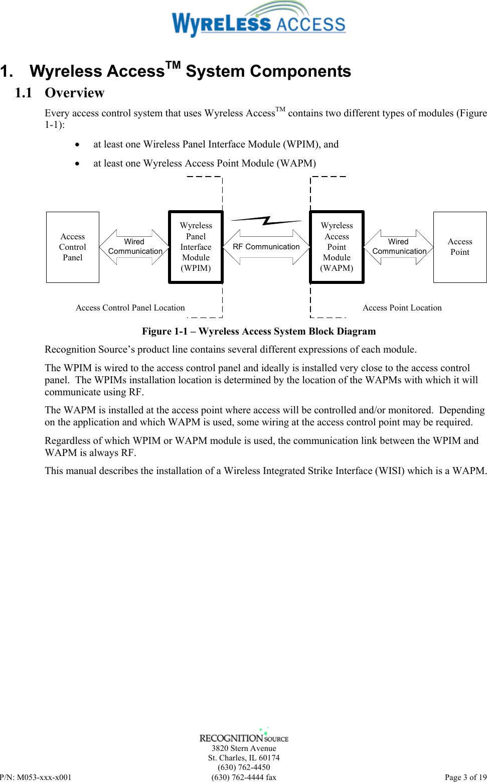    3820 Stern Avenue St. Charles, IL 60174 (630) 762-4450 P/N: M053-xxx-x001  (630) 762-4444 fax   Page 3 of 19 1. Wyreless AccessTM System Components 1.1 Overview Every access control system that uses Wyreless AccessTM contains two different types of modules (Figure 1-1): • at least one Wireless Panel Interface Module (WPIM), and • at least one Wyreless Access Point Module (WAPM) AccessControlPanelWyrelessPanelInterfaceModule(WPIM)WyrelessAccessPointModule(WAPM)AccessPointRF CommunicationAccess Control Panel Location Access Point LocationWired CommunicationWired Communication Figure 1-1 – Wyreless Access System Block Diagram Recognition Source’s product line contains several different expressions of each module. The WPIM is wired to the access control panel and ideally is installed very close to the access control panel.  The WPIMs installation location is determined by the location of the WAPMs with which it will communicate using RF. The WAPM is installed at the access point where access will be controlled and/or monitored.  Depending on the application and which WAPM is used, some wiring at the access control point may be required. Regardless of which WPIM or WAPM module is used, the communication link between the WPIM and WAPM is always RF. This manual describes the installation of a Wireless Integrated Strike Interface (WISI) which is a WAPM.  