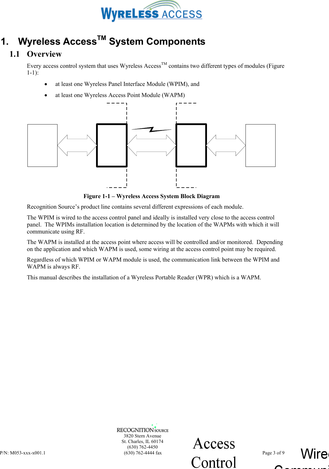    3820 Stern Avenue St. Charles, IL 60174 (630) 762-4450 P/N: M053-xxx-x001.1  (630) 762-4444 fax   Page 3 of 9 1. Wyreless AccessTM System Components 1.1 Overview Every access control system that uses Wyreless AccessTM contains two different types of modules (Figure 1-1): • at least one Wyreless Panel Interface Module (WPIM), and • at least one Wyreless Access Point Module (WAPM)  Figure 1-1 – Wyreless Access System Block Diagram Recognition Source’s product line contains several different expressions of each module. The WPIM is wired to the access control panel and ideally is installed very close to the access control panel.  The WPIMs installation location is determined by the location of the WAPMs with which it will communicate using RF. The WAPM is installed at the access point where access will be controlled and/or monitored.  Depending on the application and which WAPM is used, some wiring at the access control point may be required. Regardless of which WPIM or WAPM module is used, the communication link between the WPIM and WAPM is always RF. This manual describes the installation of a Wyreless Portable Reader (WPR) which is a WAPM. 