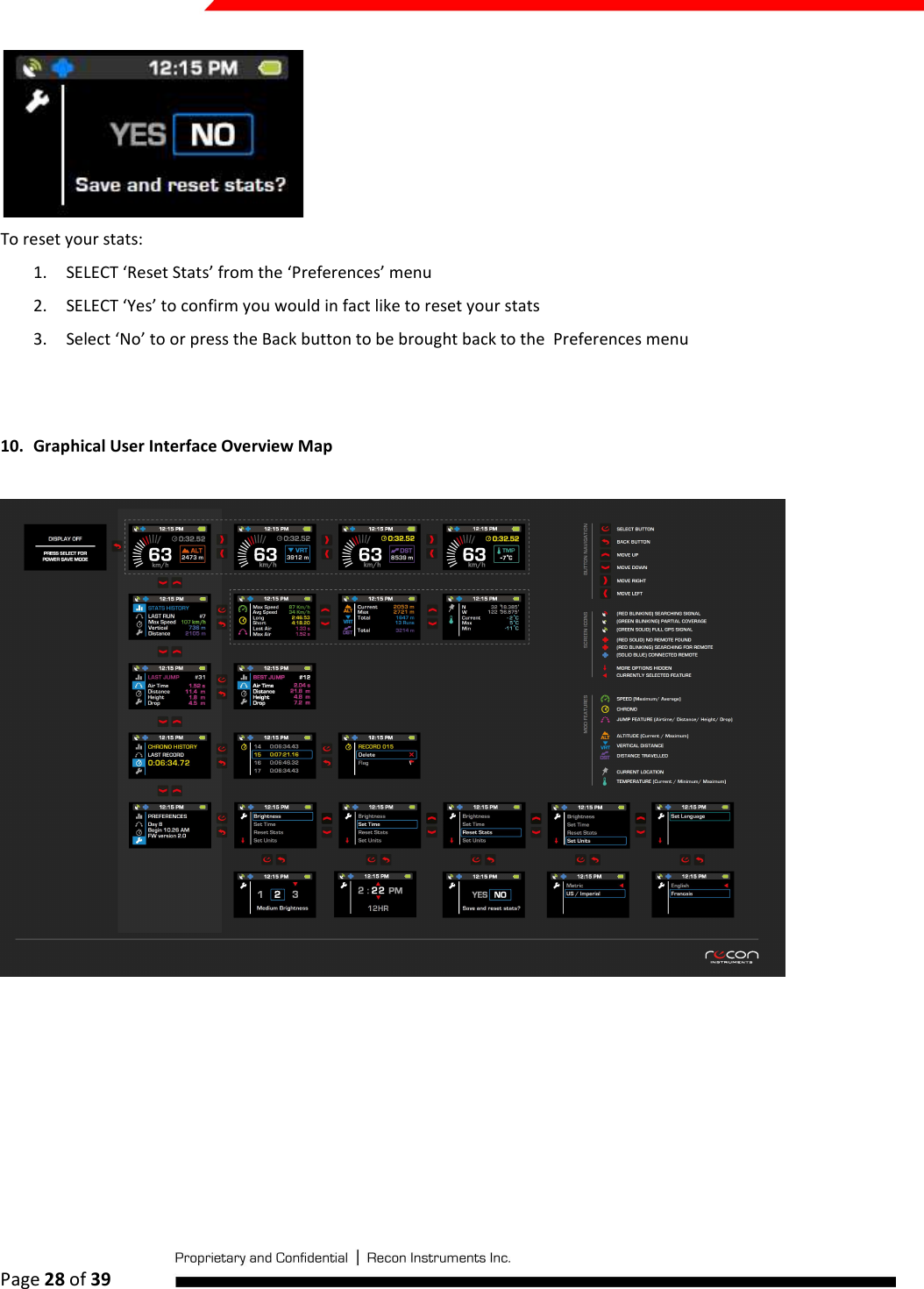  Page 28 of 39    To reset your stats: 1. SELECT ‘Reset Stats’ from the ‘Preferences’ menu 2. SELECT ‘Yes’ to confirm you would in fact like to reset your stats 3. Select ‘No’ to or press the Back button to be brought back to the  Preferences menu   10. Graphical User Interface Overview Map   