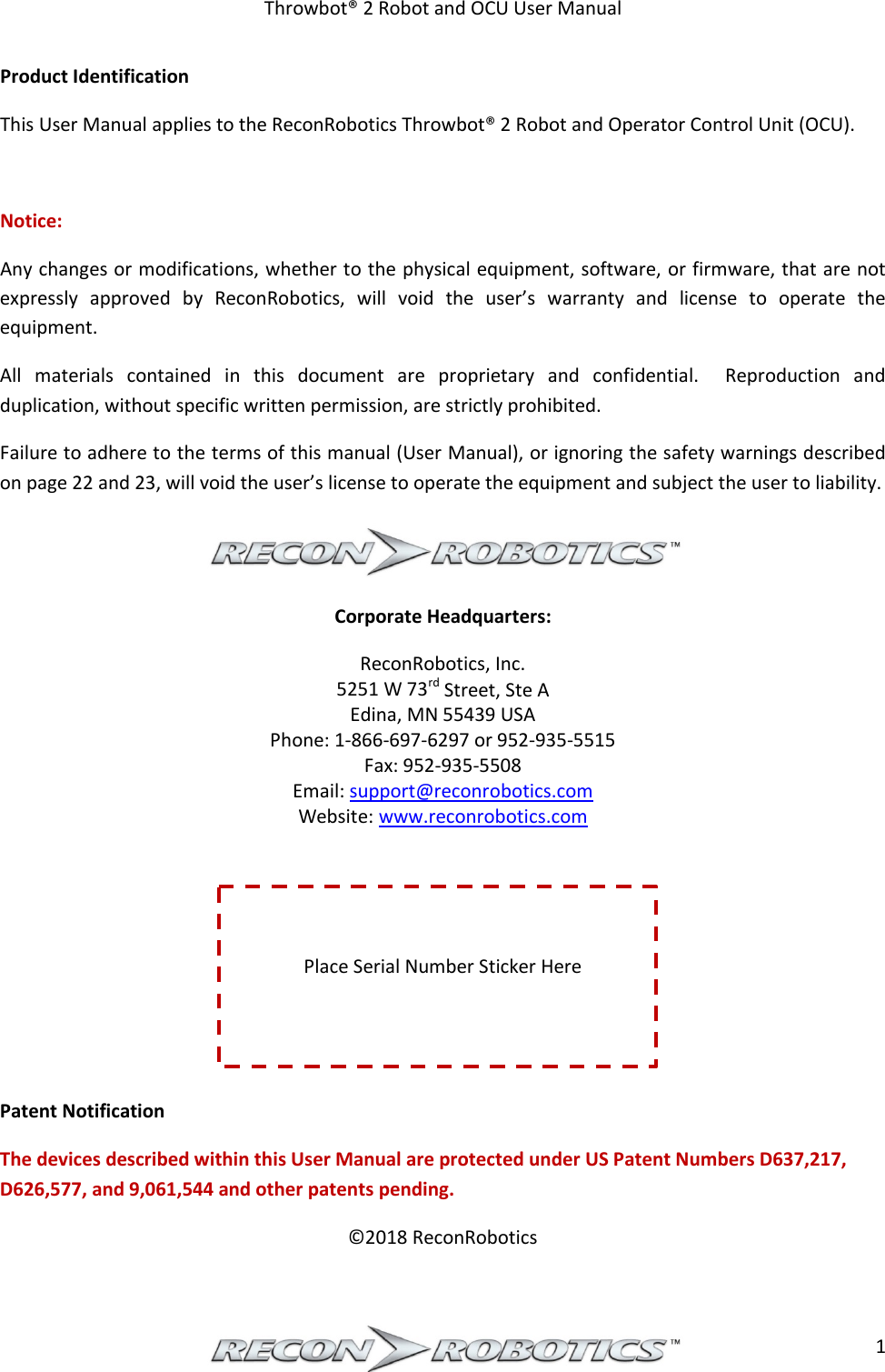 Page 2 of ReconRobotics RSK2018-01 Throwbot 2 User Manual Rev 1 1