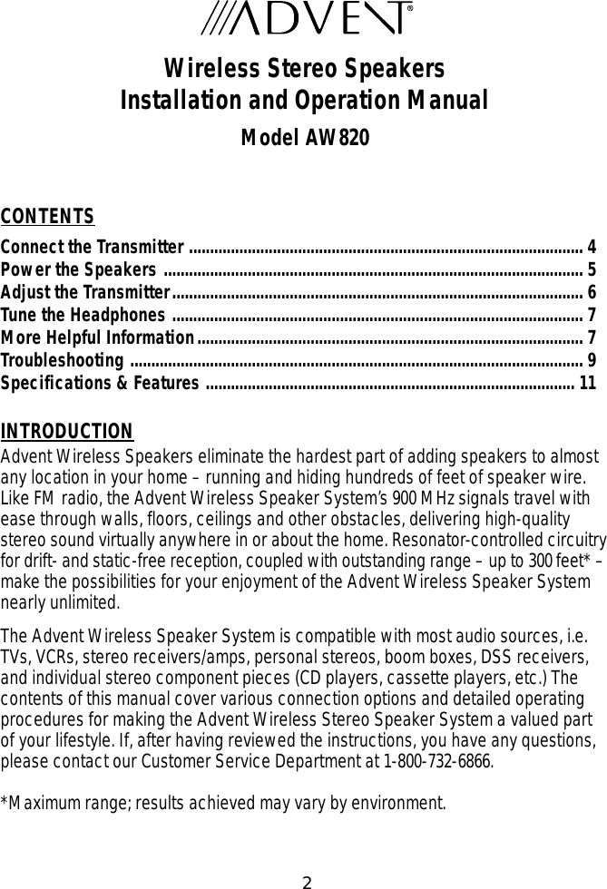 Page 2 of 12 - Recoton-Advent Recoton-Advent-Recoton-Advent-Speaker-System-Aw820-Users-Manual- AW820_MANUAL-2/3/99  Recoton-advent-recoton-advent-speaker-system-aw820-users-manual