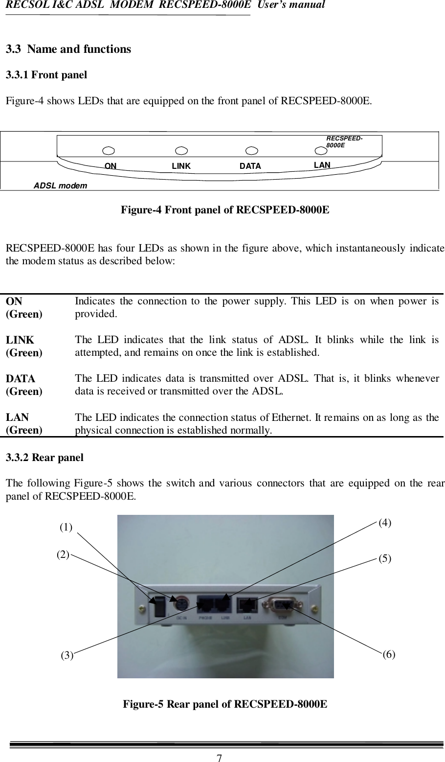 RECSOL I&amp;C ADSL  MODEM  RECSPEED-8000E  User’s manual73.3  Name and functions3.3.1 Front panelFigure-4 shows LEDs that are equipped on the front panel of RECSPEED-8000E.Figure-4 Front panel of RECSPEED-8000ERECSPEED-8000E has four LEDs as shown in the figure above, which instantaneously indicatethe modem status as described below:ON(Green) Indicates the connection to the power supply. This LED is on when power isprovided.LINK(Green) The LED indicates that the link status of ADSL. It blinks while the link isattempted, and remains on once the link is established.DATA(Green) The LED indicates data is transmitted over ADSL. That is, it blinks wheneverdata is received or transmitted over the ADSL.LAN(Green) The LED indicates the connection status of Ethernet. It remains on as long as thephysical connection is established normally.3.3.2 Rear panelThe following Figure-5 shows the switch and various connectors that are equipped on the rearpanel of RECSPEED-8000E.Figure-5 Rear panel of RECSPEED-8000ERECSPEED-8000EDATALINKONADSL modemLAN(1)(2)(3)(4)(5)(6)