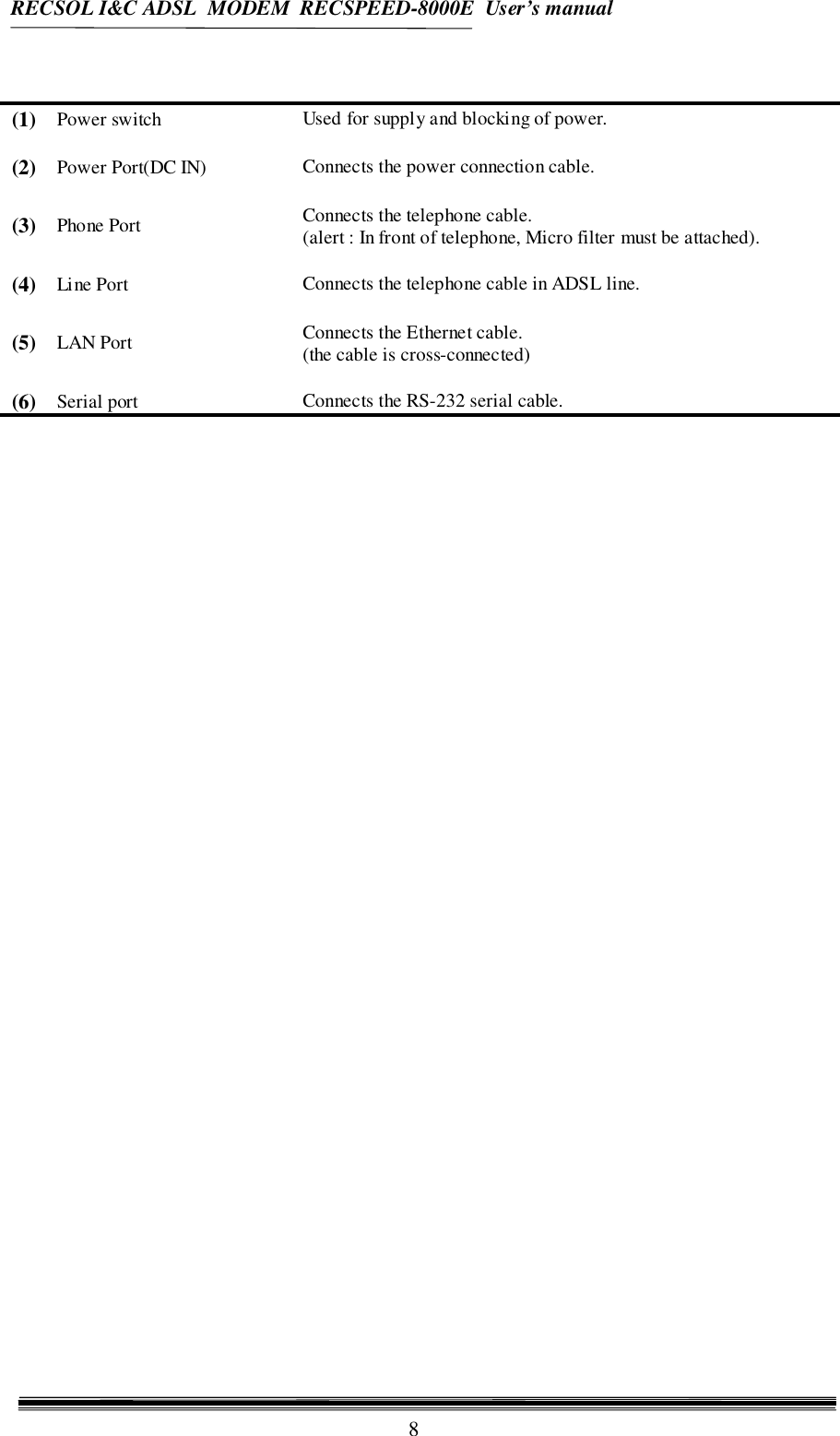 RECSOL I&amp;C ADSL  MODEM  RECSPEED-8000E  User’s manual8(1) Power switch Used for supply and blocking of power.(2) Power Port(DC IN) Connects the power connection cable.(3) Phone Port Connects the telephone cable.(alert : In front of telephone, Micro filter must be attached).(4) Line Port Connects the telephone cable in ADSL line.(5) LAN Port Connects the Ethernet cable.(the cable is cross-connected)(6) Serial port Connects the RS-232 serial cable.